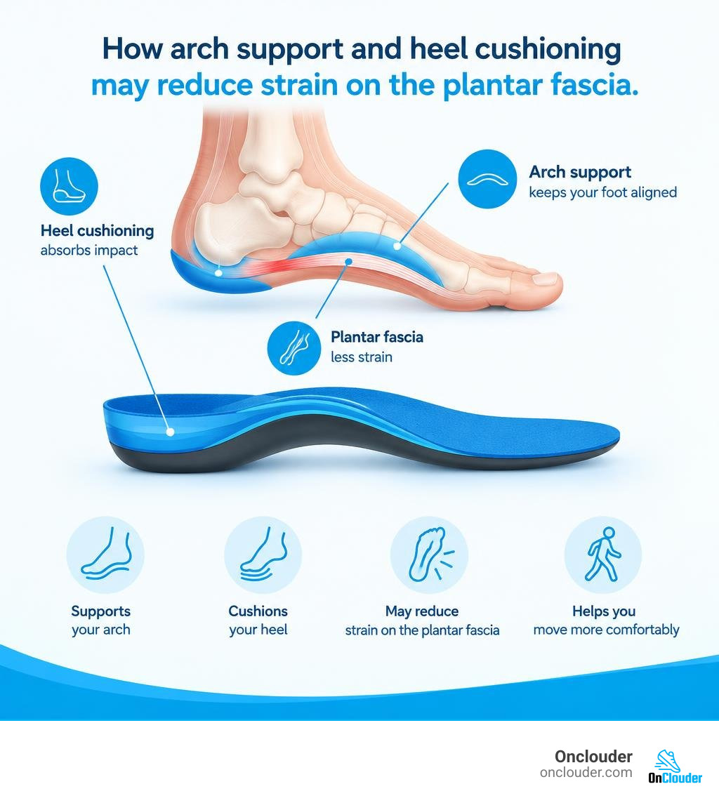 How arch support and heel cushioning may reduce strain on the plantar fascia infographic How arch support and heel cushioning may reduce strain on the plantar fascia infographic