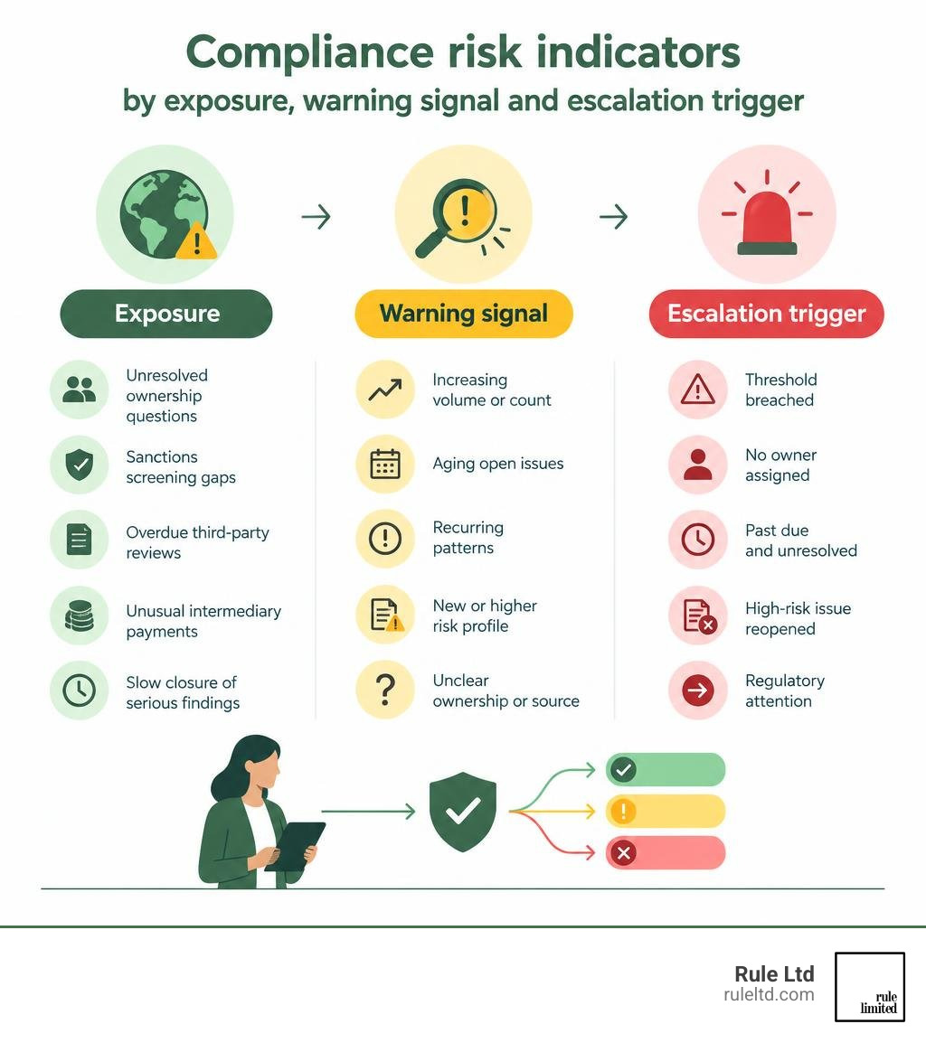 Compliance risk indicators by exposure, warning signal and escalation trigger infographic Compliance risk indicators by exposure, warning signal and escalation trigger infographic