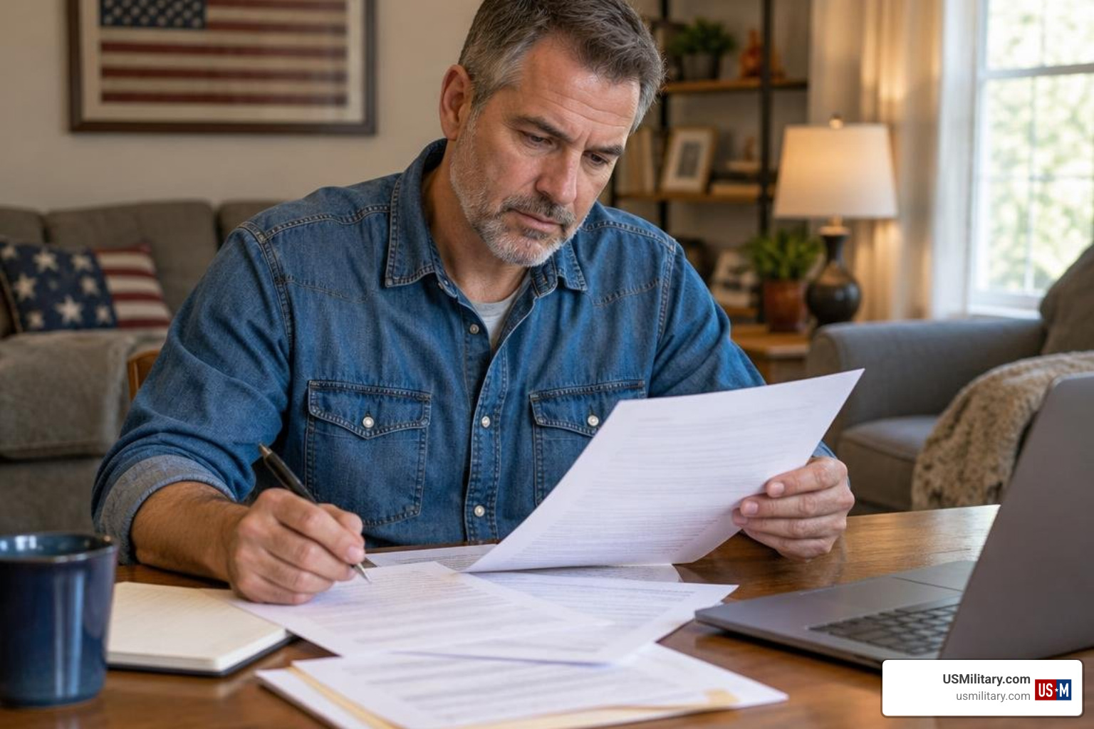 American military veteran reviewing VA benefits paperwork American military veteran reviewing VA benefits paperwork