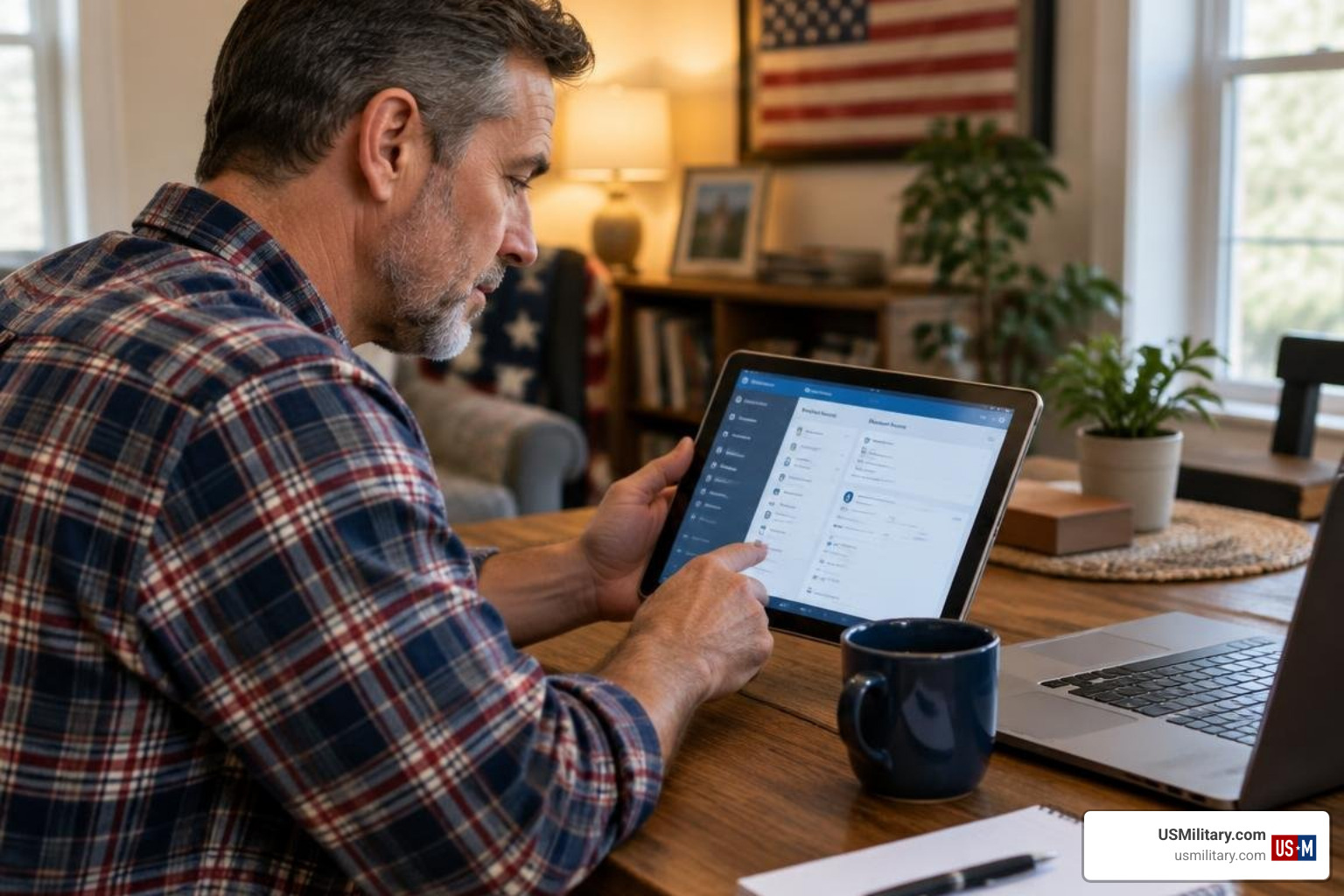 American veteran reviewing digital medical records and VA benefits portal American veteran reviewing digital medical records and VA benefits portal
