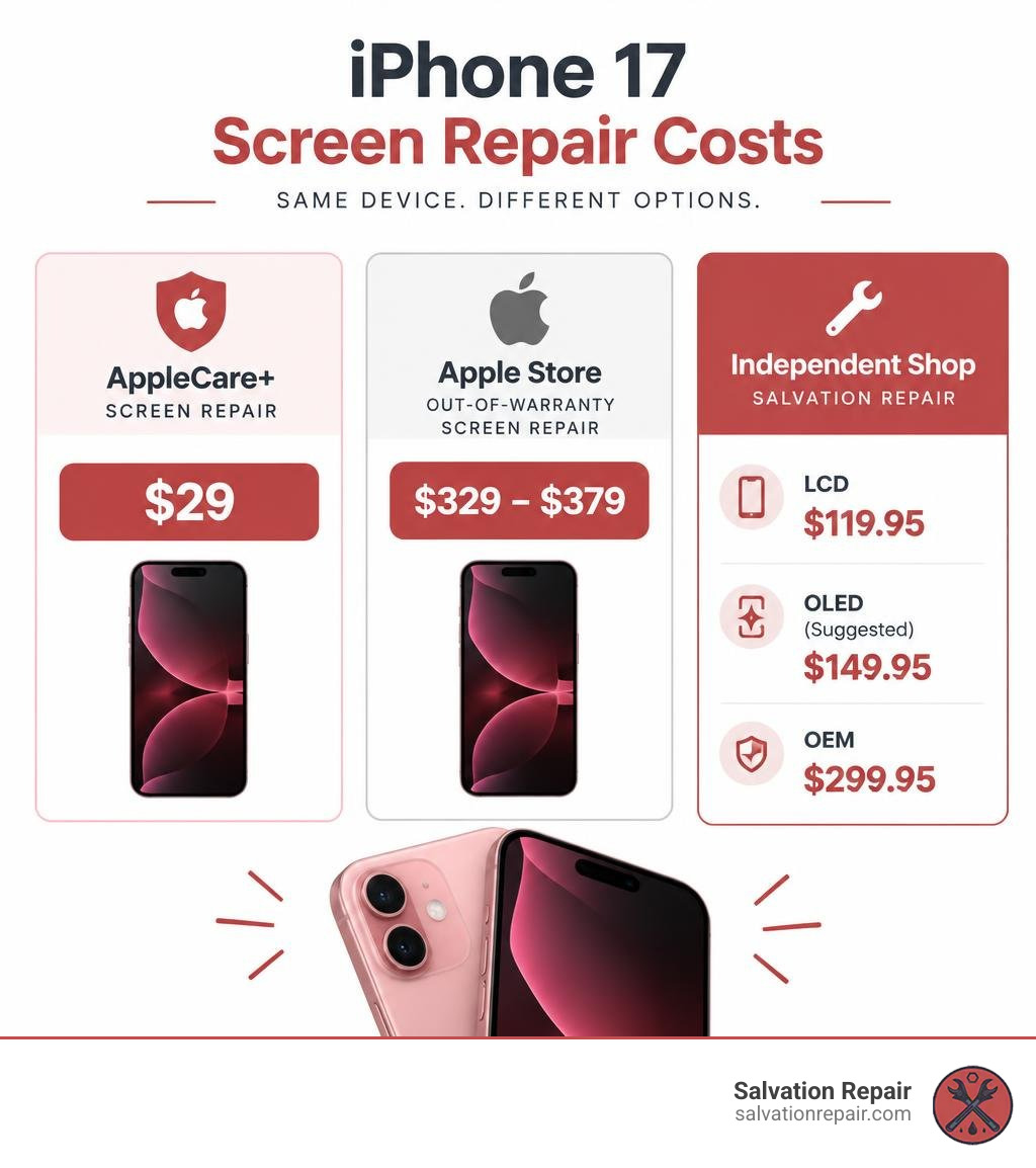 Infographic comparing iPhone 17 repair costs: AppleCare+ screen repair for $29, Apple Store out-of-warranty screen repair Infographic comparing iPhone 17 repair costs: AppleCare+ screen repair for $29, Apple Store out-of-warranty screen repair