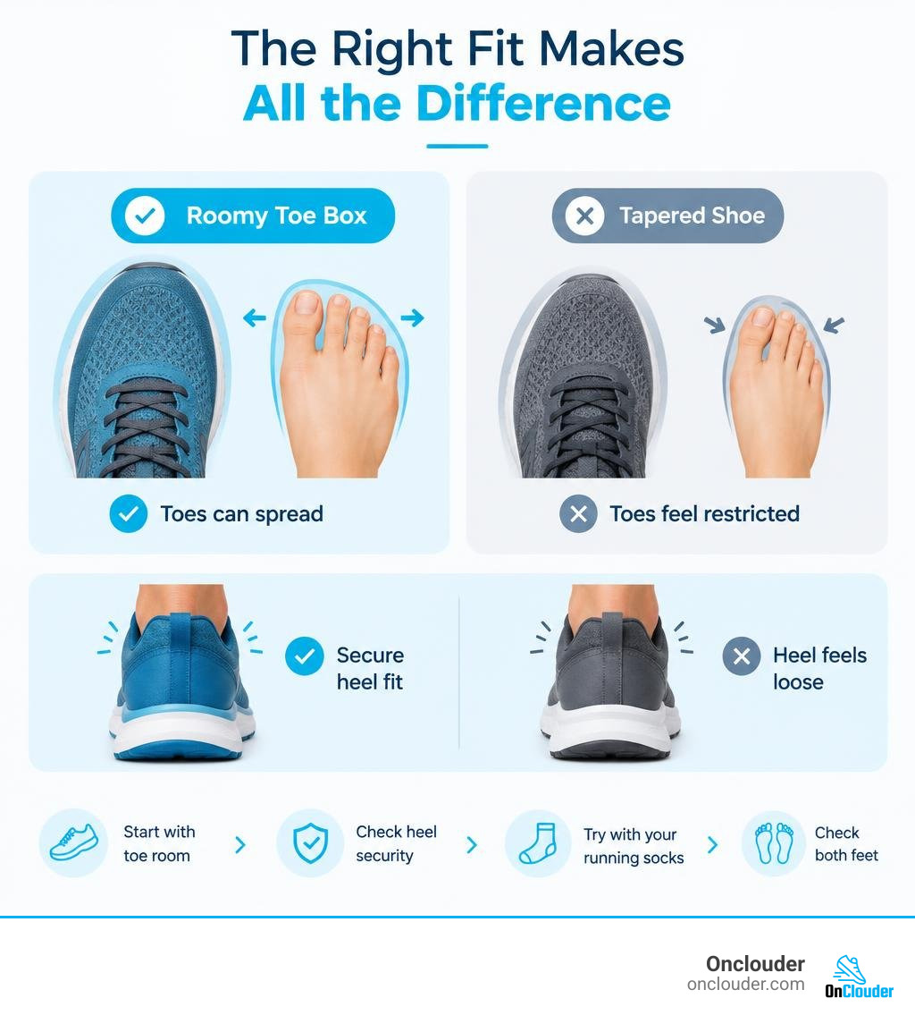 Checklist comparing a roomy toe box with a tapered shoe and showing toe room and secure heel fit infographic
