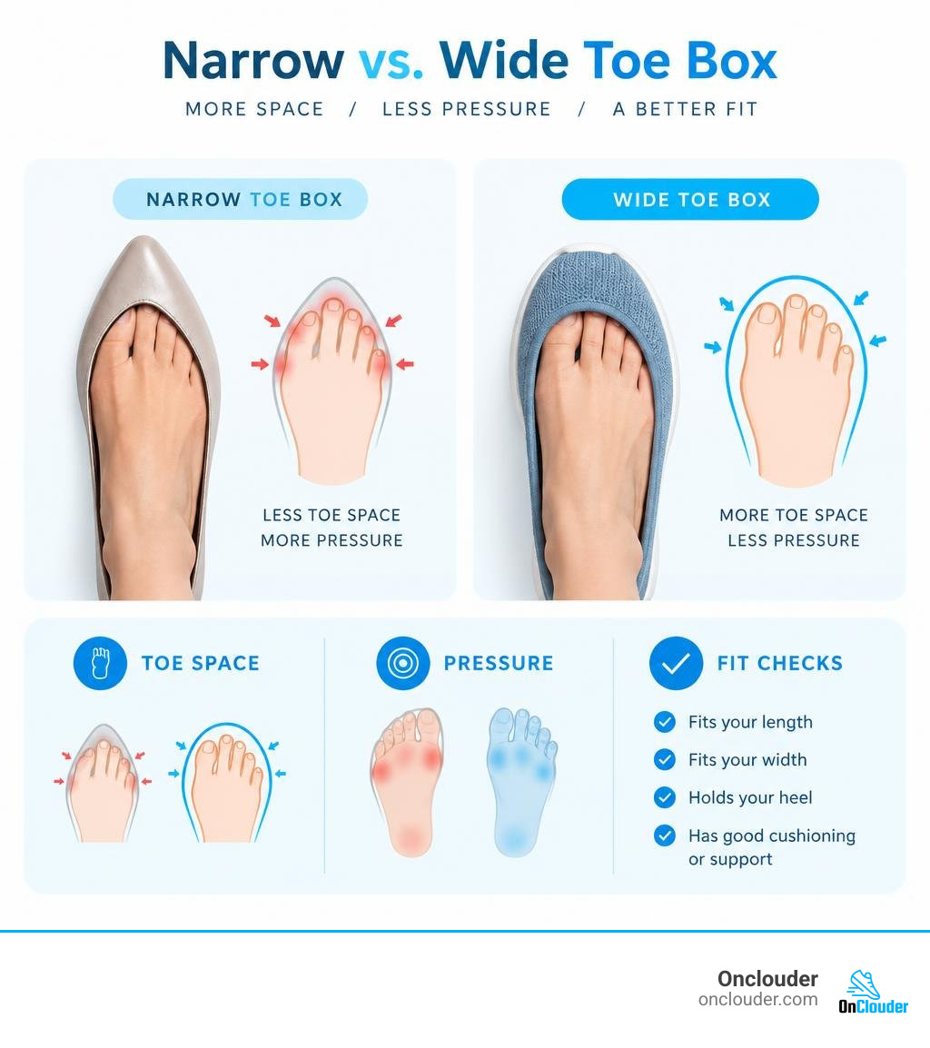 Comparison of narrow and wide toe boxes showing toe space, pressure, and fit checks infographic