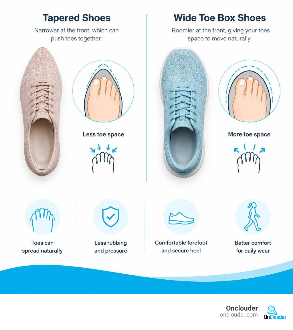 comparison of tapered shoes and wide toe box shoes showing toe space and fit infographic comparison of tapered shoes and wide toe box shoes showing toe space and fit infographic
