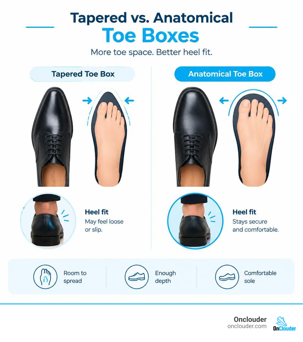 Tapered versus anatomical toe boxes, showing toe space and heel fit infographic