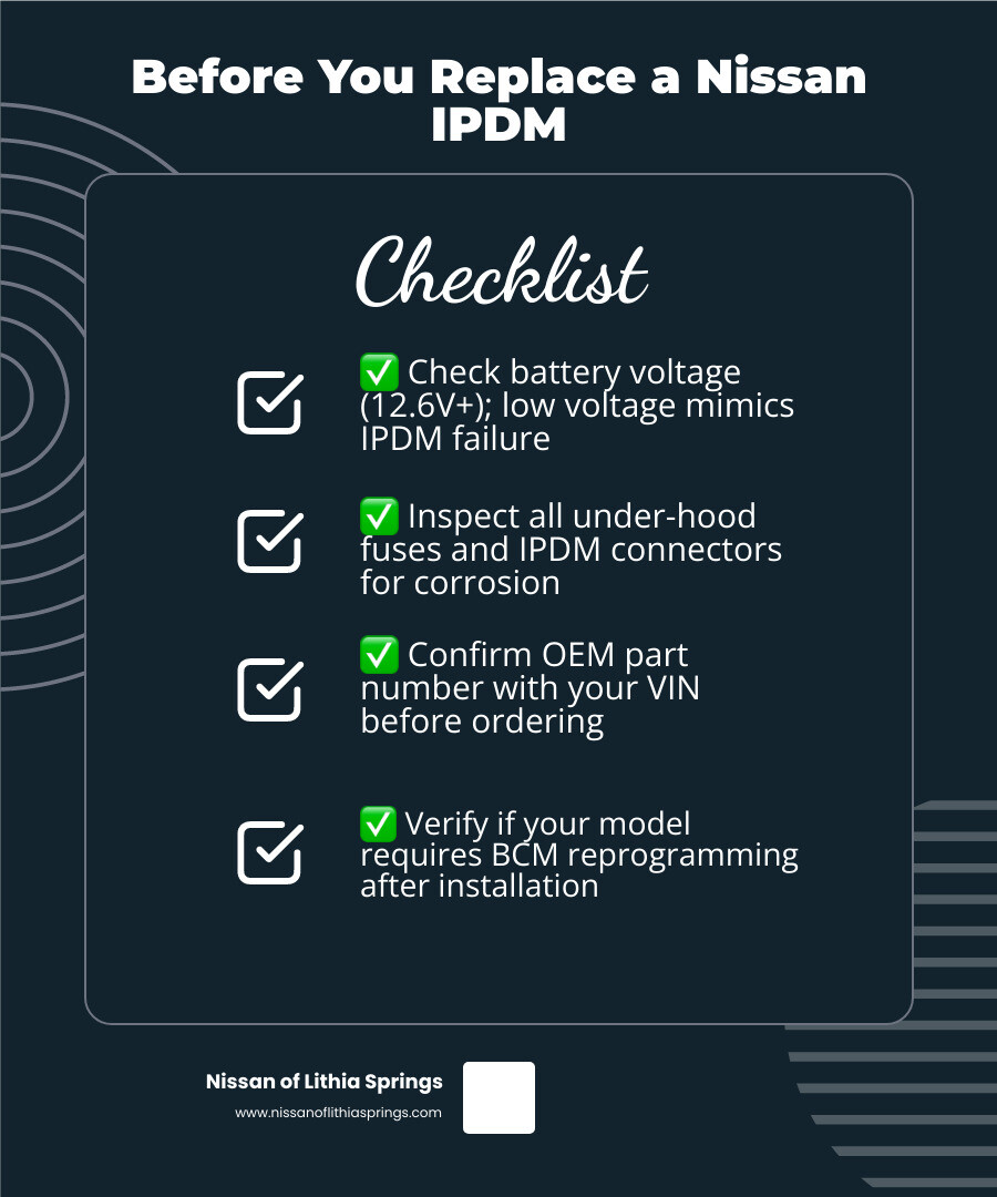 Nissan IPDM replacement checklist showing battery and fuse checks, VIN-based part matching, installation, and model-specific Nissan IPDM replacement checklist showing battery and fuse checks, VIN-based part matching, installation, and model-specific