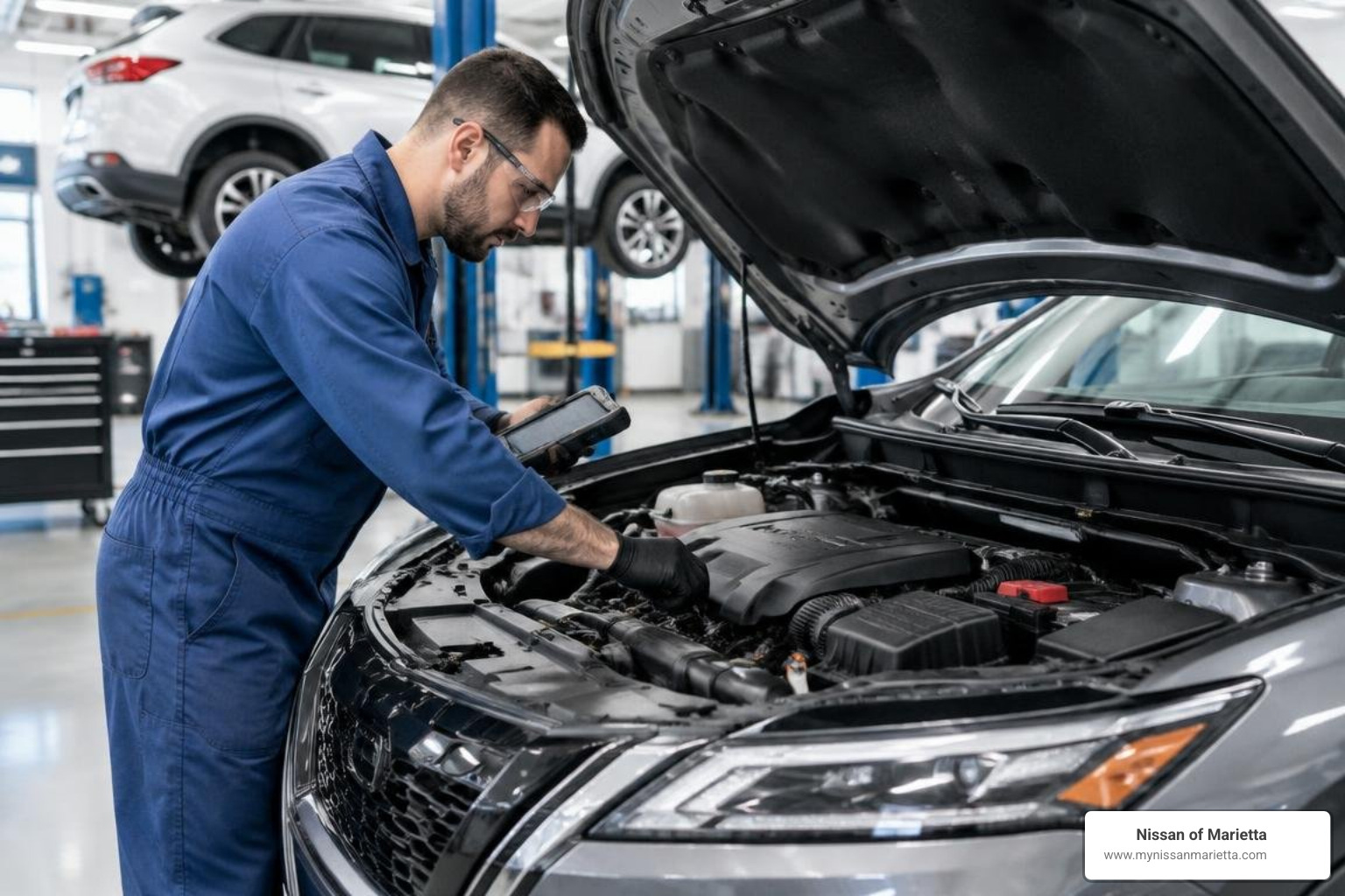 Technician performing a multi-point inspection on a certified vehicle