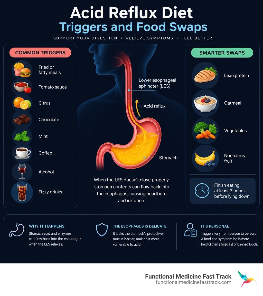 acid reflux diet triggers and food swaps with lower esophageal sphincter function infographic