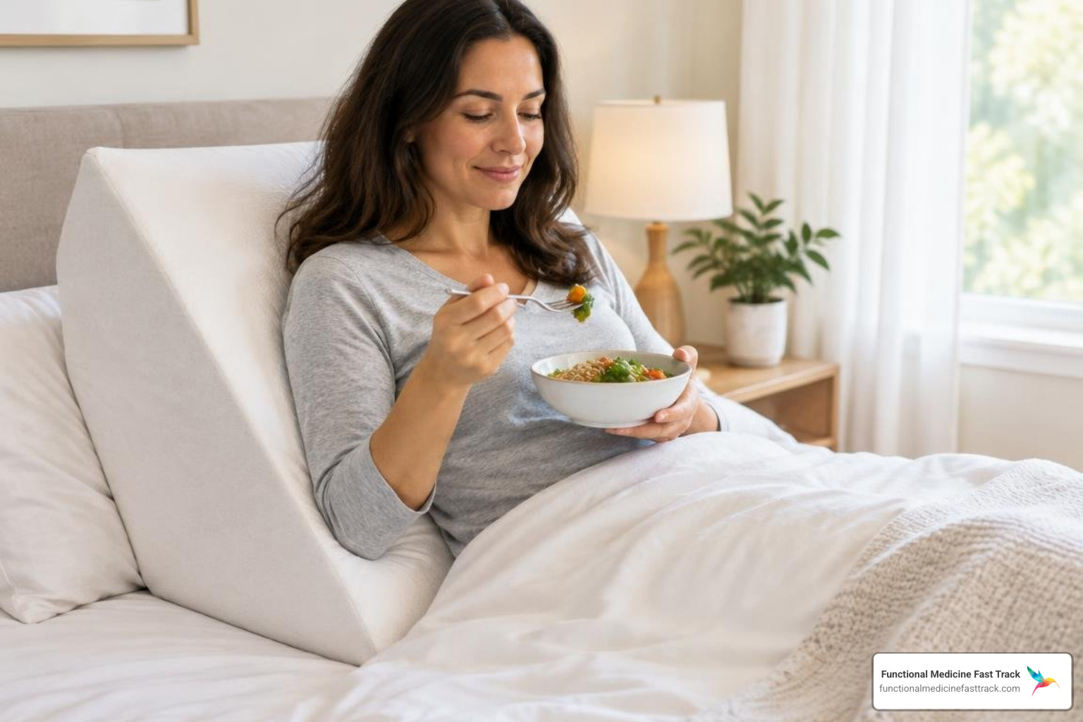 elevated bed wedge and mindful eating setup