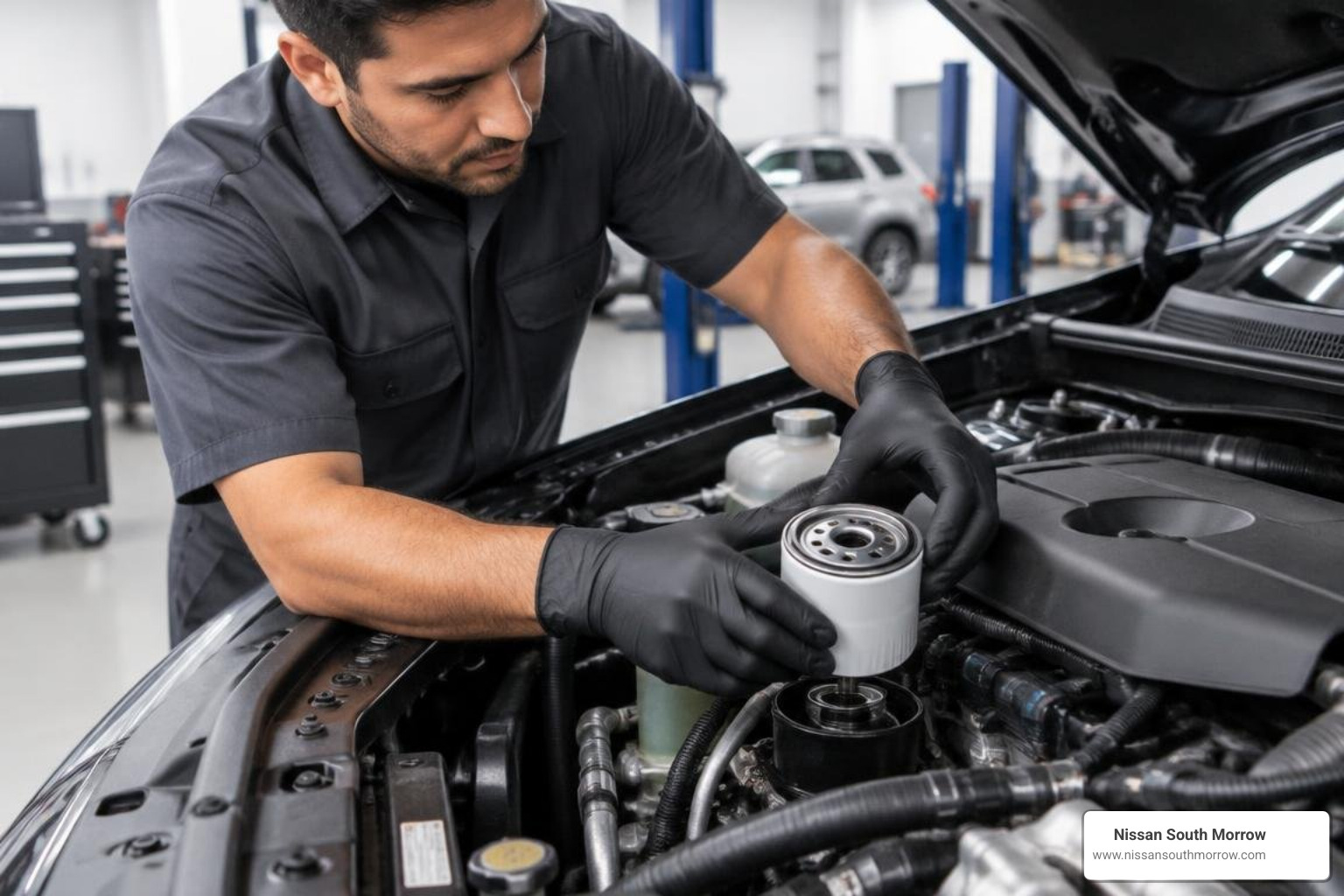 Technician installing an OEM Genuine Nissan oil filter Technician installing an OEM Genuine Nissan oil filter