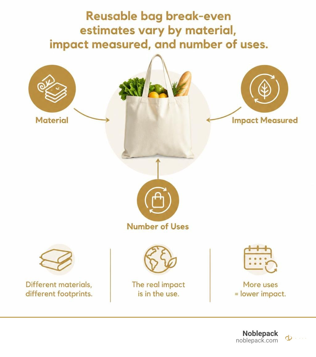 Reusable bag break-even estimates vary by material, impact measured, and number of uses infographic