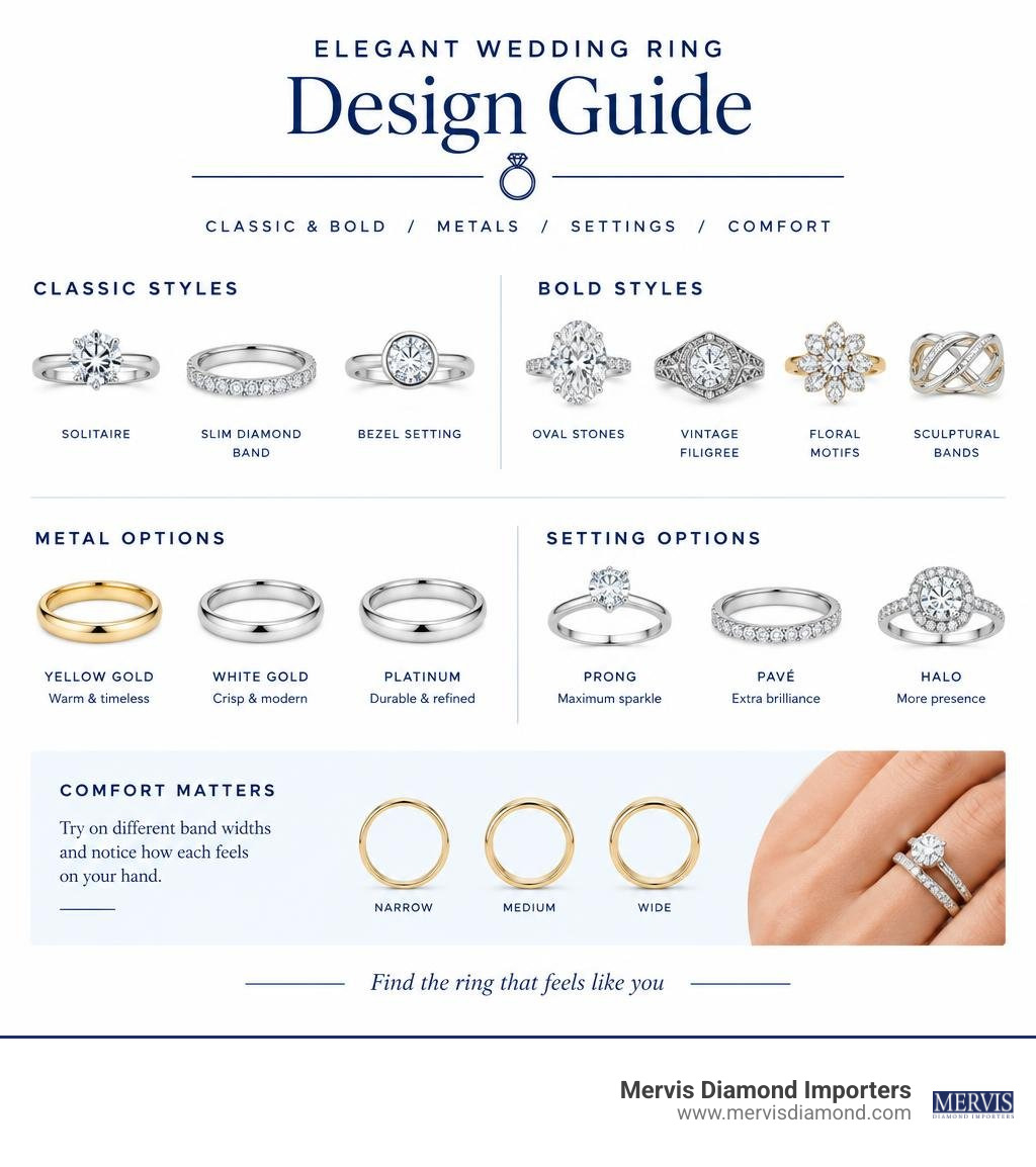 Elegant wedding ring design guide comparing classic and bold styles, metals, settings, and comfort infographic Elegant wedding ring design guide comparing classic and bold styles, metals, settings, and comfort infographic