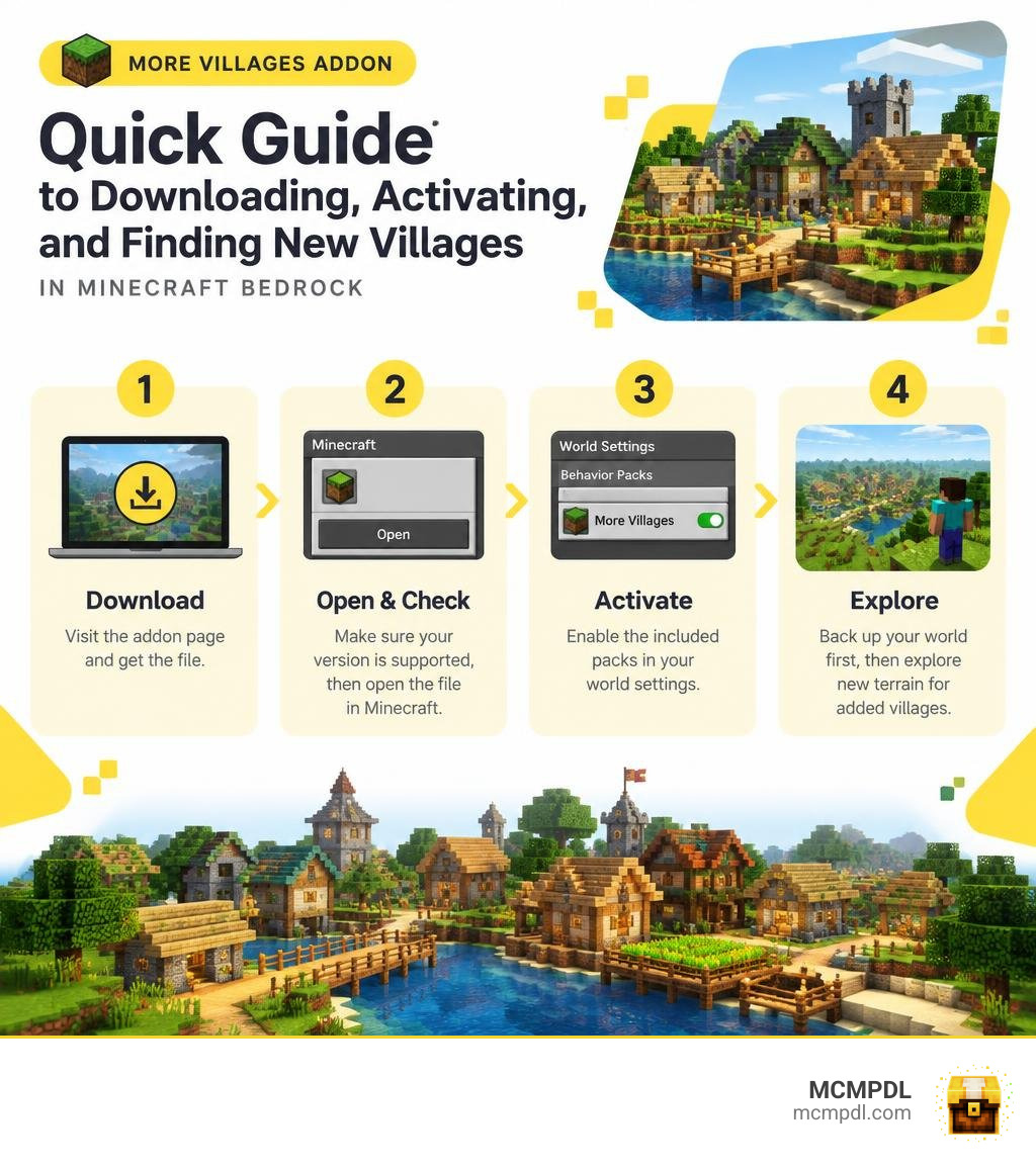 Quick guide to downloading, activating, and finding new villages in Minecraft Bedrock infographic