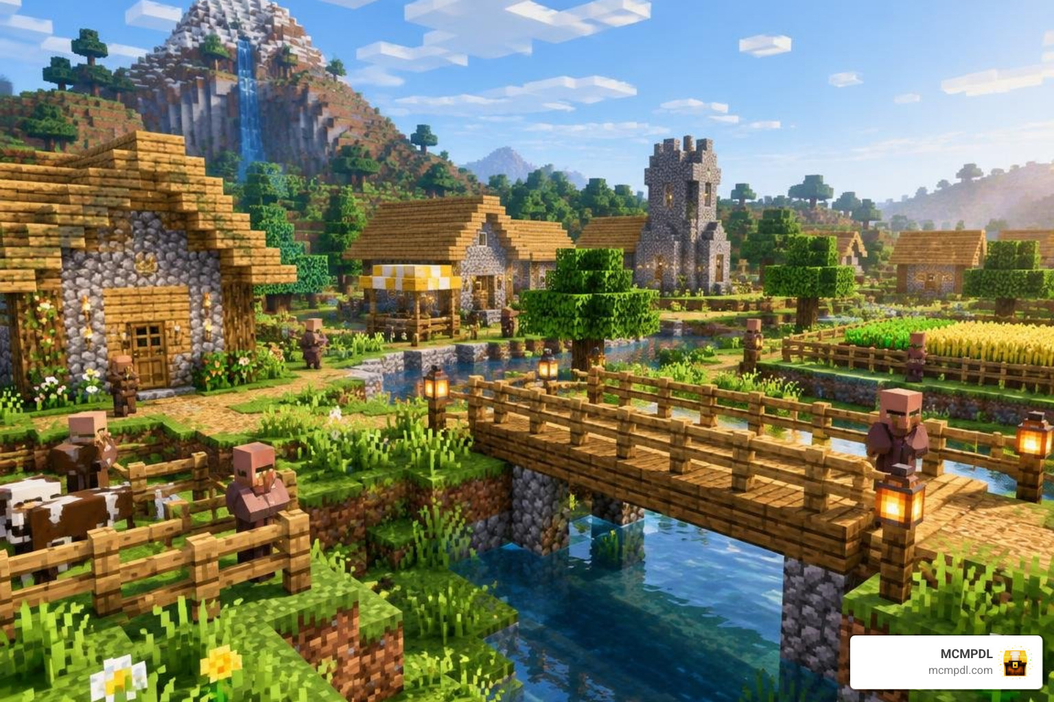 photorealistic Minecraft village settlement