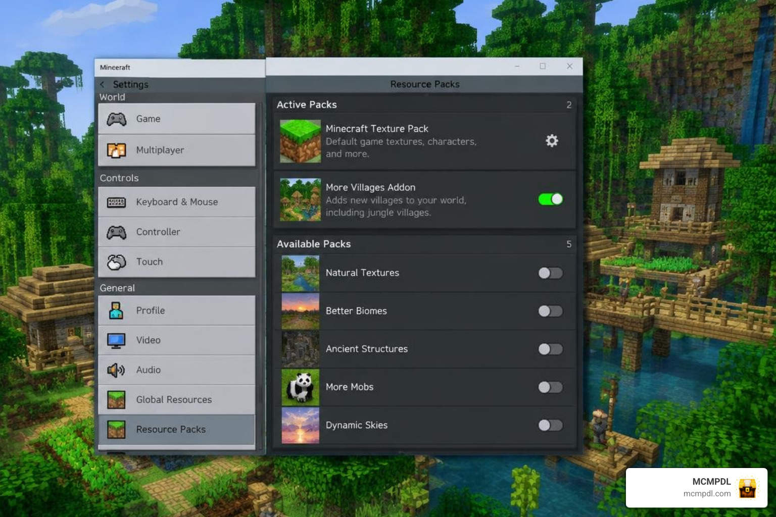 Minecraft Bedrock world settings and resource pack interface