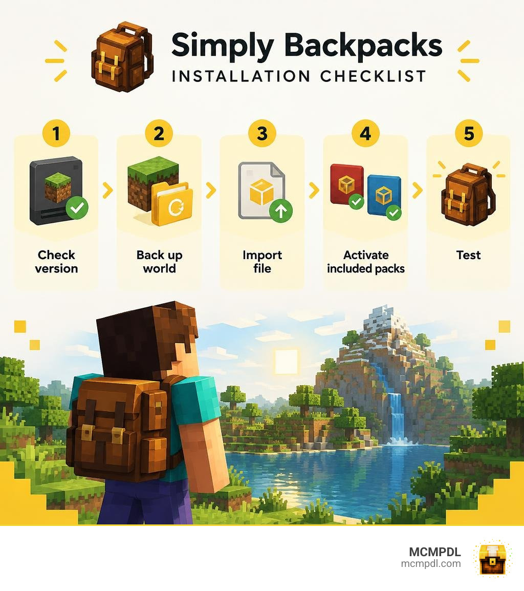 Simply Backpacks installation checklist: check version, back up world, import file, activate included packs, test infographic