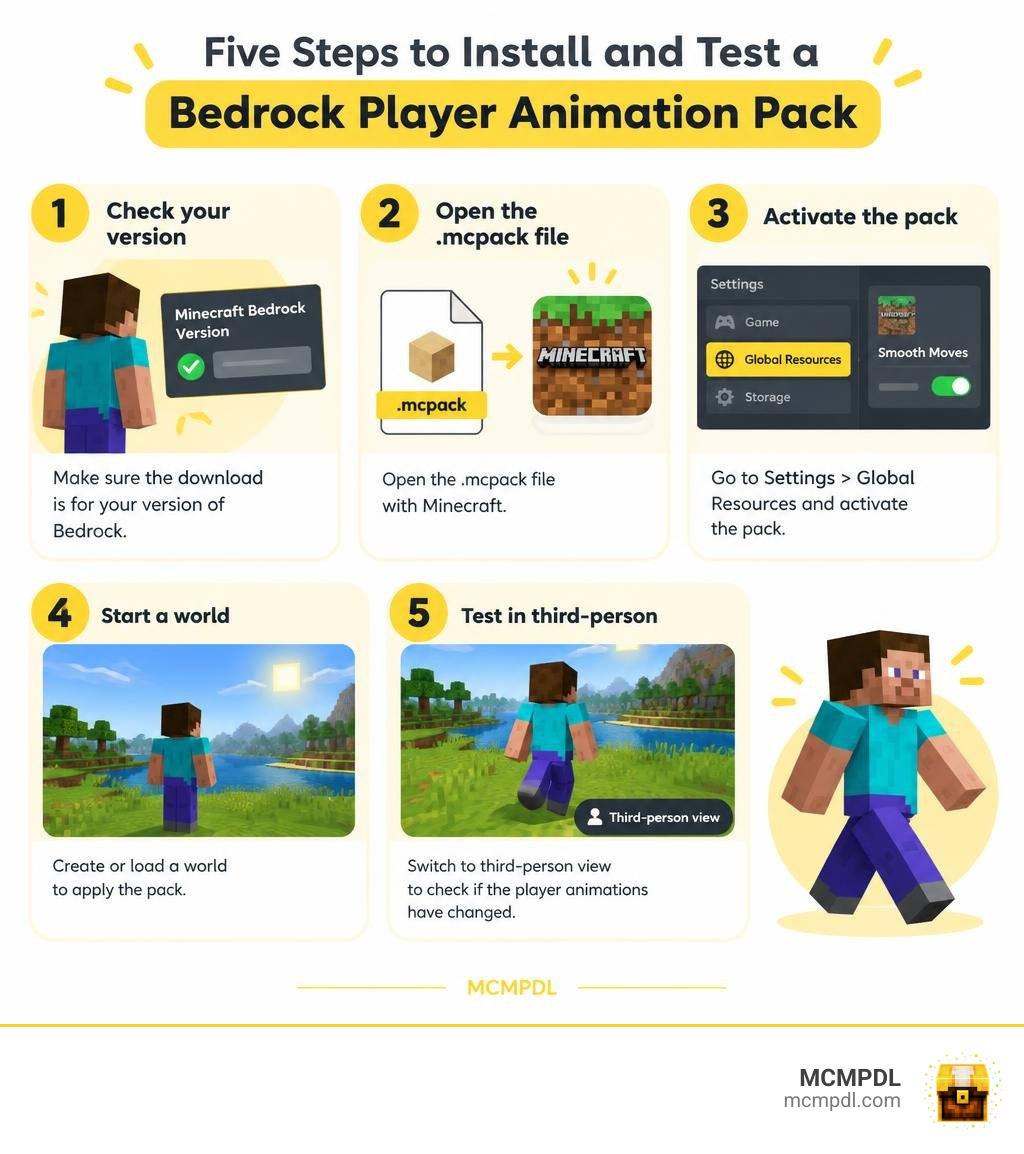 Five steps to install and test a Bedrock player animation pack infographic Five steps to install and test a Bedrock player animation pack infographic