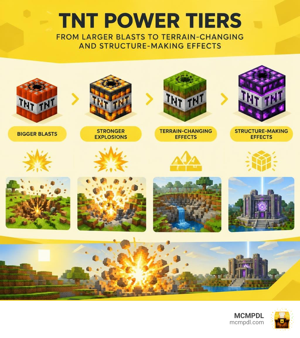 TNT power tiers from larger blasts to terrain-changing and structure-making effects infographic TNT power tiers from larger blasts to terrain-changing and structure-making effects infographic