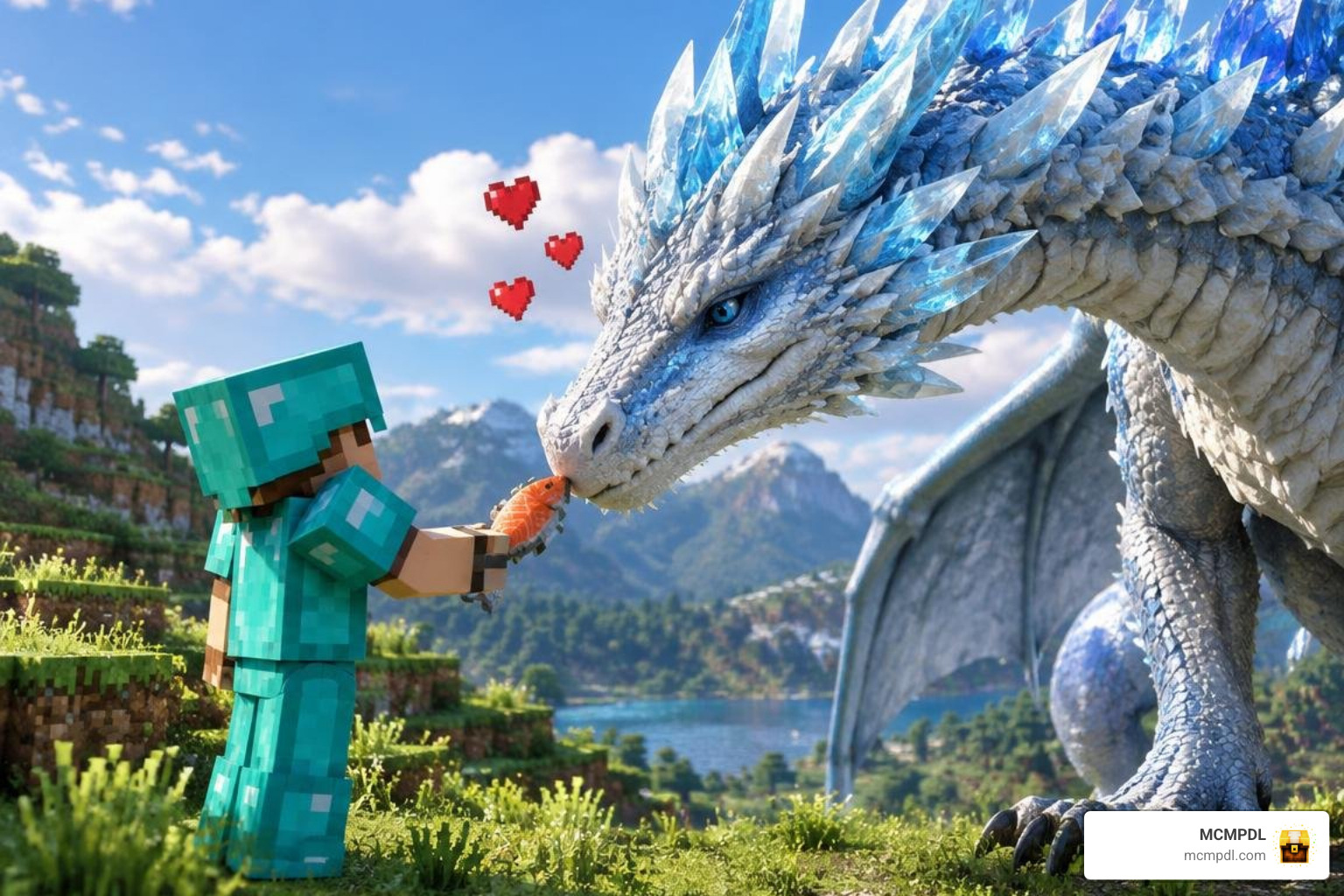 player feeding raw fish to a wild dragon in survival mode player feeding raw fish to a wild dragon in survival mode