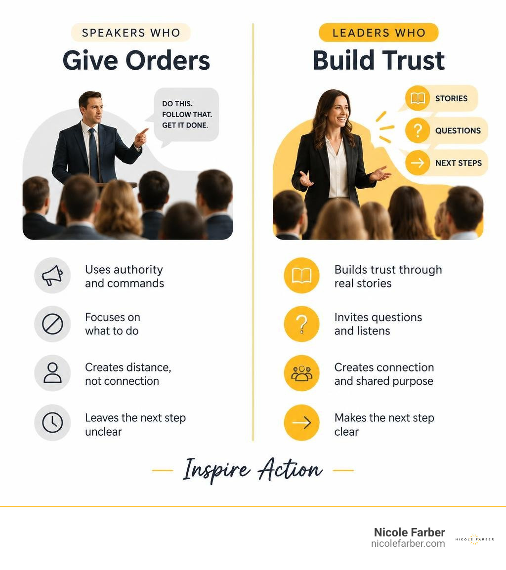 Infographic comparing speakers who give orders with leaders who build trust through stories, questions, and clear next steps Infographic comparing speakers who give orders with leaders who build trust through stories, questions, and clear next steps