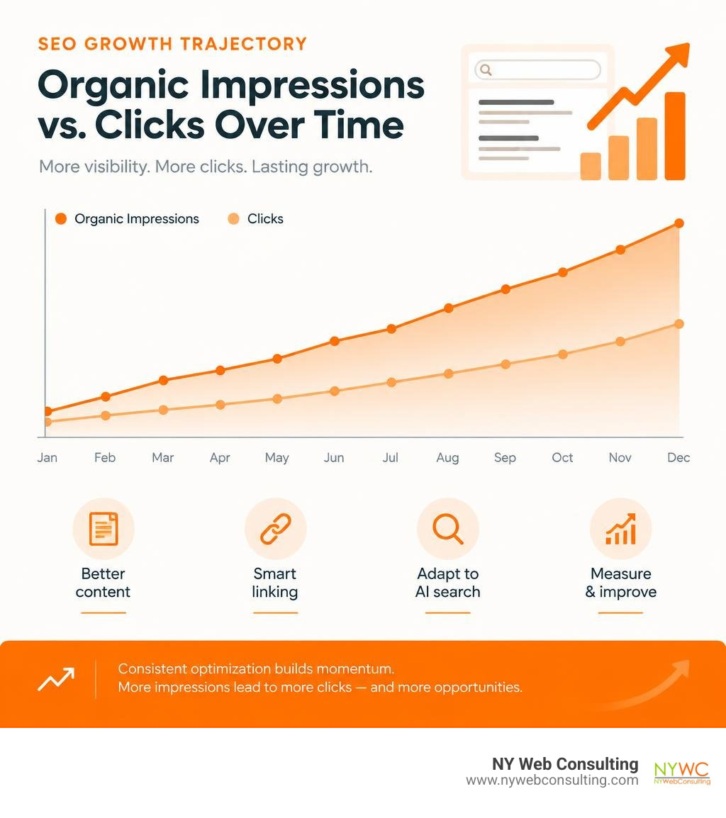 SEO growth trajectory comparing organic impressions to clicks over time infographic SEO growth trajectory comparing organic impressions to clicks over time infographic
