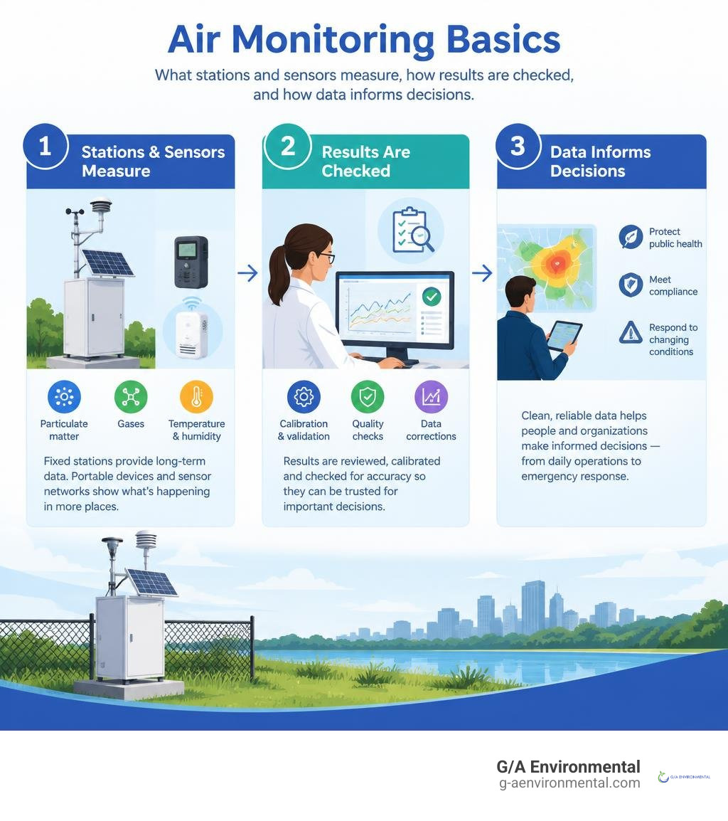 Air monitoring basics: what stations and sensors measure, how results are checked, and how data informs decisions infographic Air monitoring basics: what stations and sensors measure, how results are checked, and how data informs decisions infographic