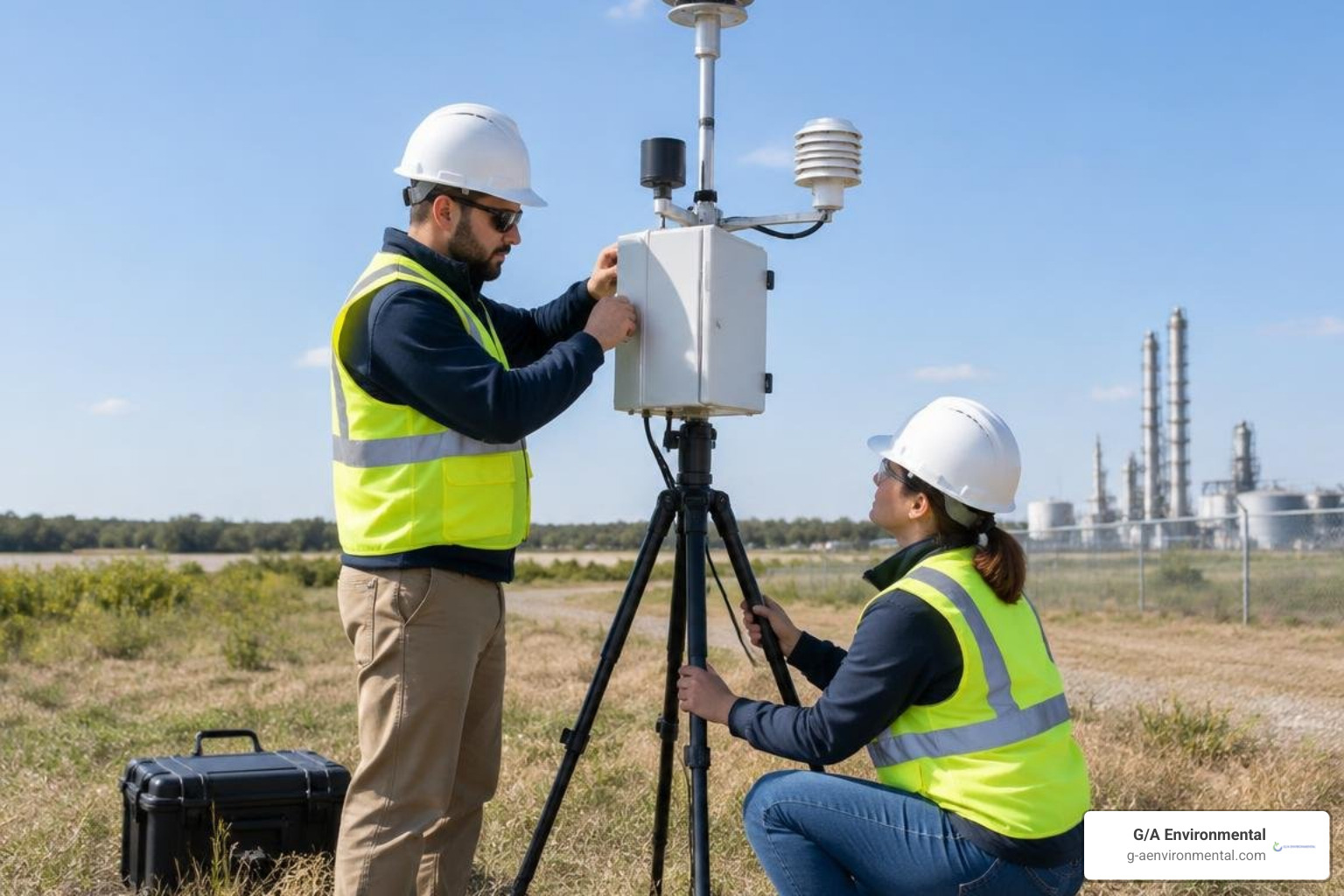 Technicians setting up ambient air monitoring equipment Technicians setting up ambient air monitoring equipment
