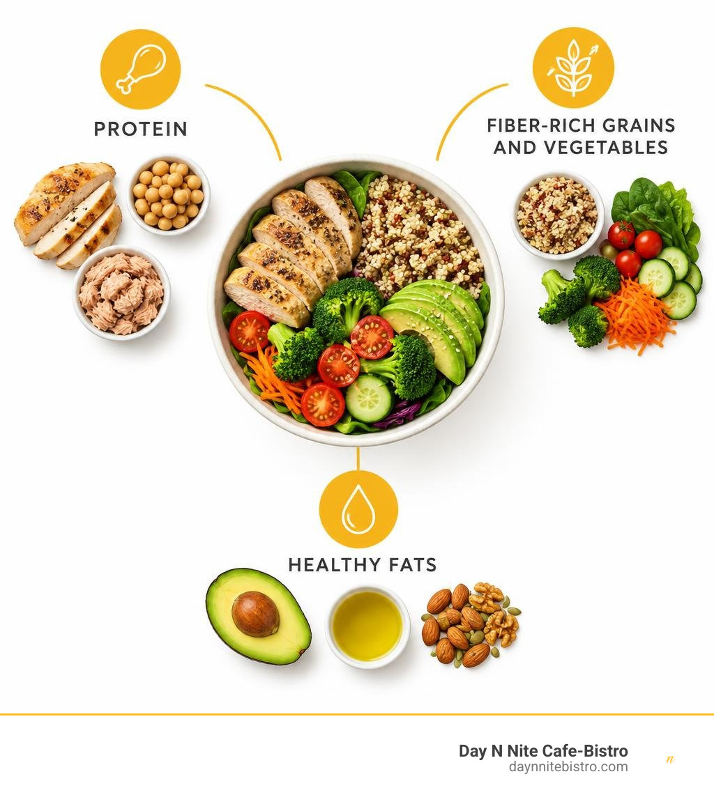 Three parts of a five-minute lunch: protein, fiber-rich grains and vegetables, and healthy fats infographic