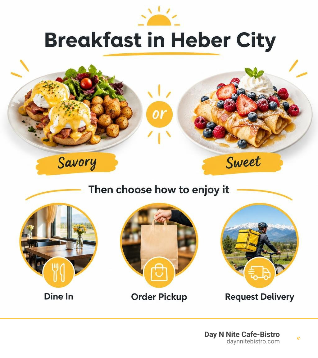 Breakfast in Heber City: choose a savory or sweet dish, then dine in, order pickup, or request delivery infographic