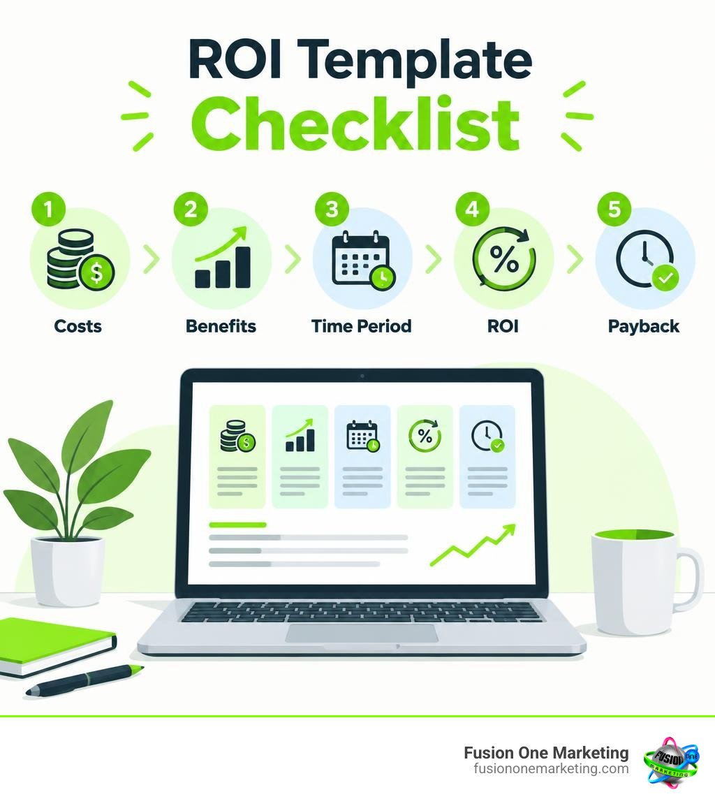 ROI template checklist showing costs, benefits, time period, ROI, and payback infographic