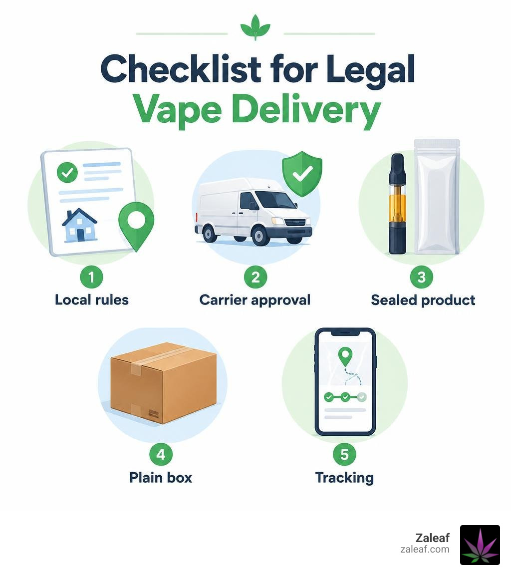 Checklist for legal vape delivery: local rules, carrier approval, sealed product, plain box, tracking infographic Checklist for legal vape delivery: local rules, carrier approval, sealed product, plain box, tracking infographic