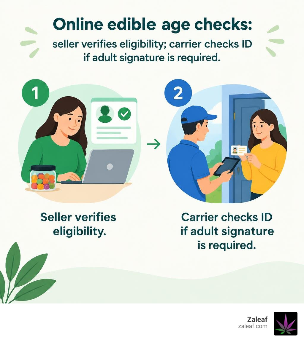 Online edible age checks: seller verifies eligibility; carrier checks ID if adult signature is required infographic
