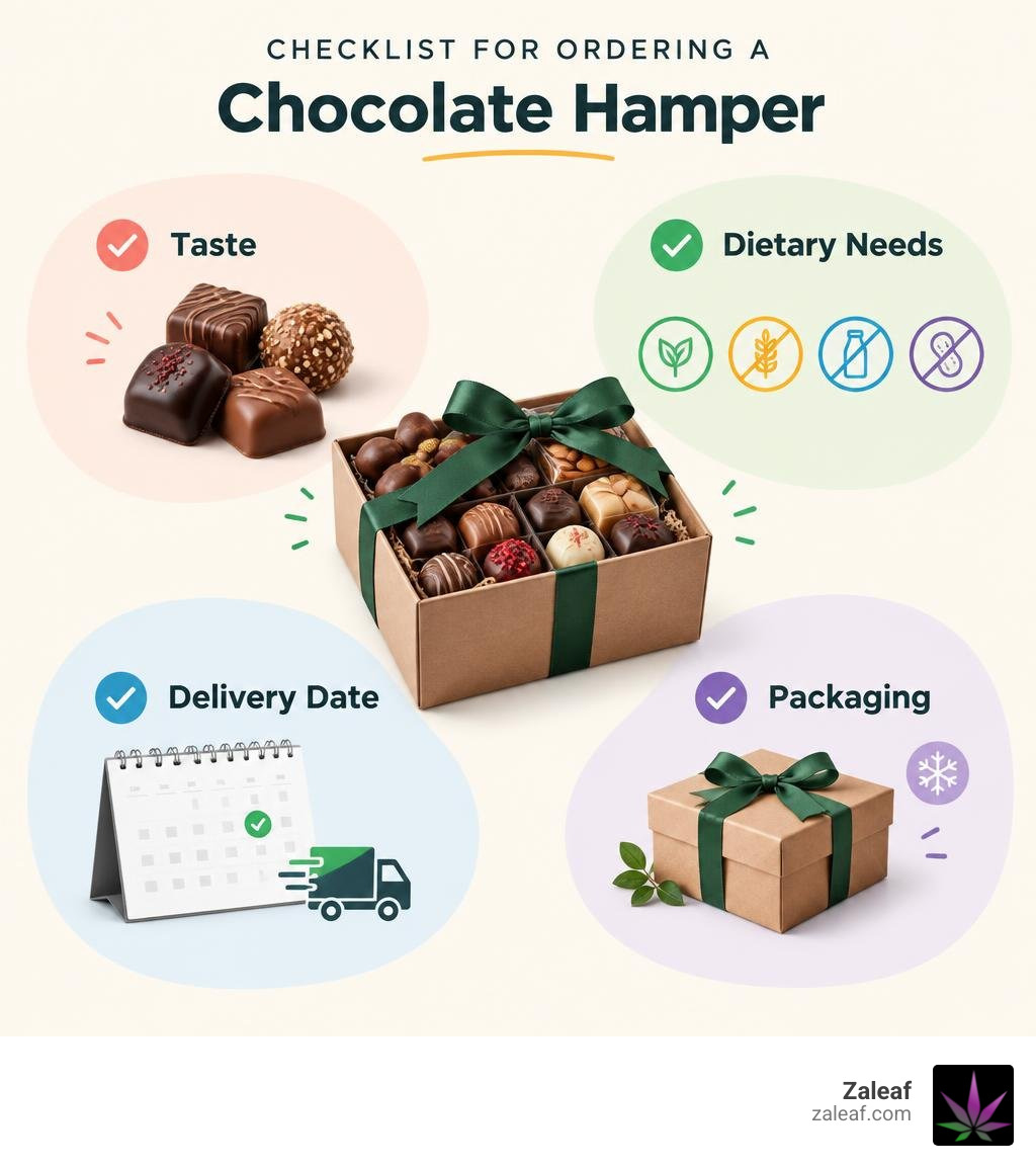 Checklist for ordering a chocolate hamper: taste, dietary needs, delivery date, and packaging infographic Checklist for ordering a chocolate hamper: taste, dietary needs, delivery date, and packaging infographic