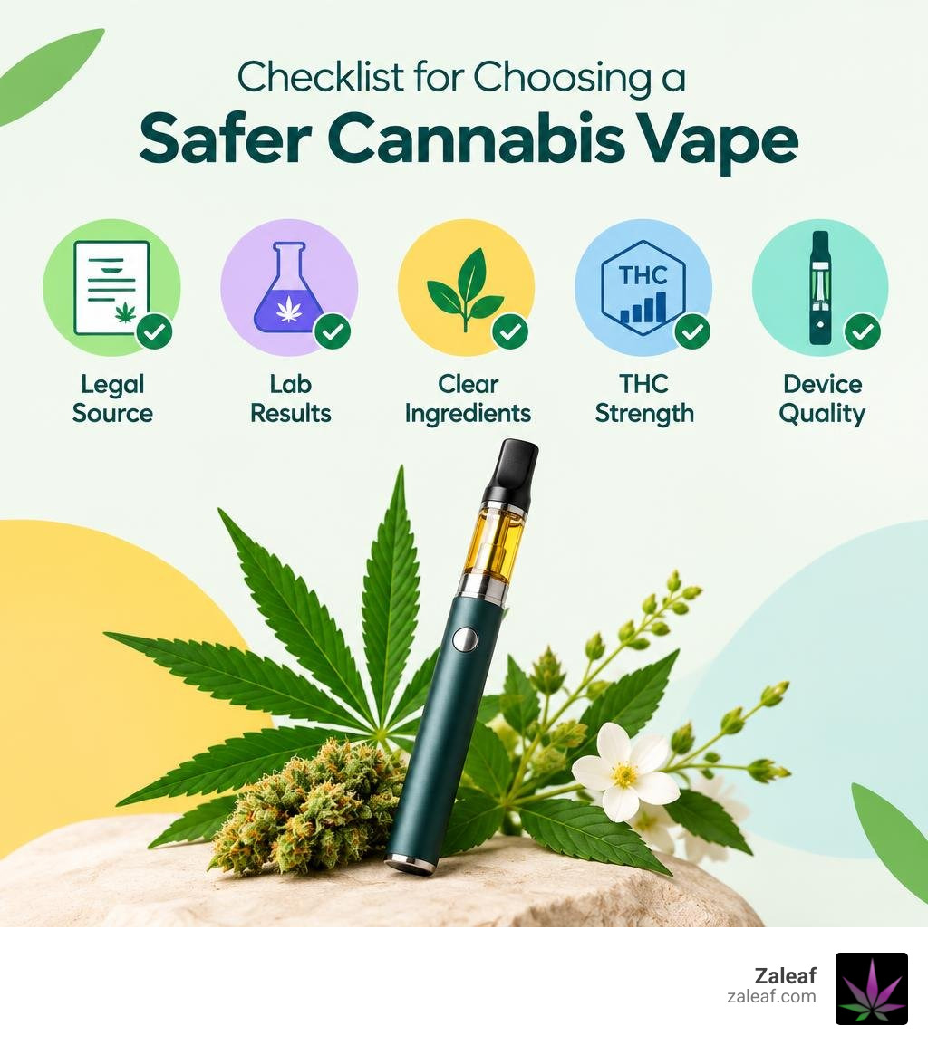 Checklist for choosing a safer cannabis vape: legal source, lab results, clear ingredients, THC strength, device quality Checklist for choosing a safer cannabis vape: legal source, lab results, clear ingredients, THC strength, device quality