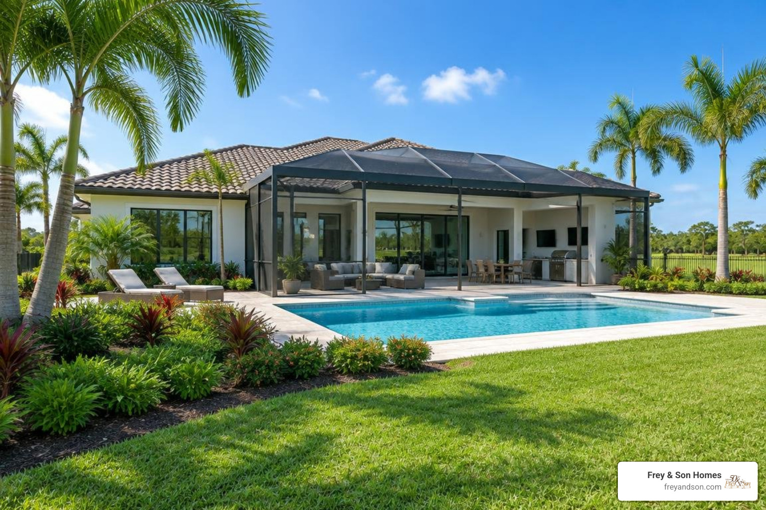 Custom luxury single-story home with screened outdoor living area and pool Custom luxury single-story home with screened outdoor living area and pool