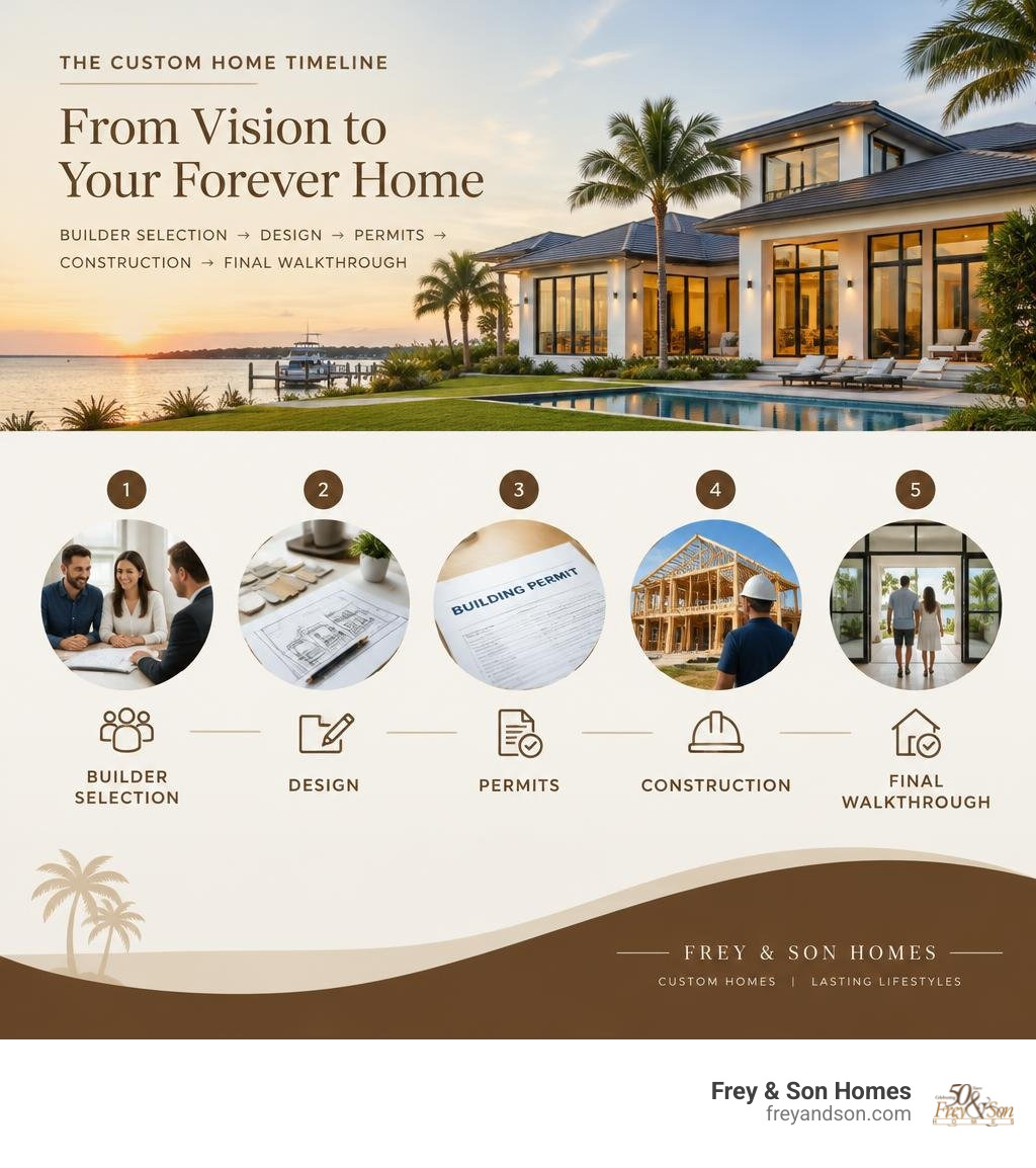Custom home timeline from builder selection and design through permits, construction, and final walkthrough infographic
