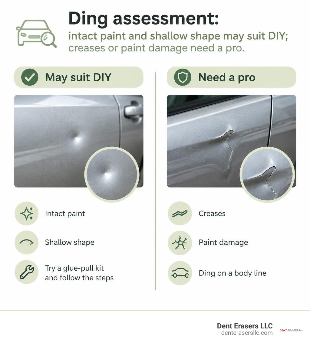 Ding assessment: intact paint and shallow shape may suit DIY; creases or paint damage need a pro infographic Ding Assessment: Intact Paint And Shallow Shape May Suit Diy; Creases Or Paint Damage Need A Pro Infographic
