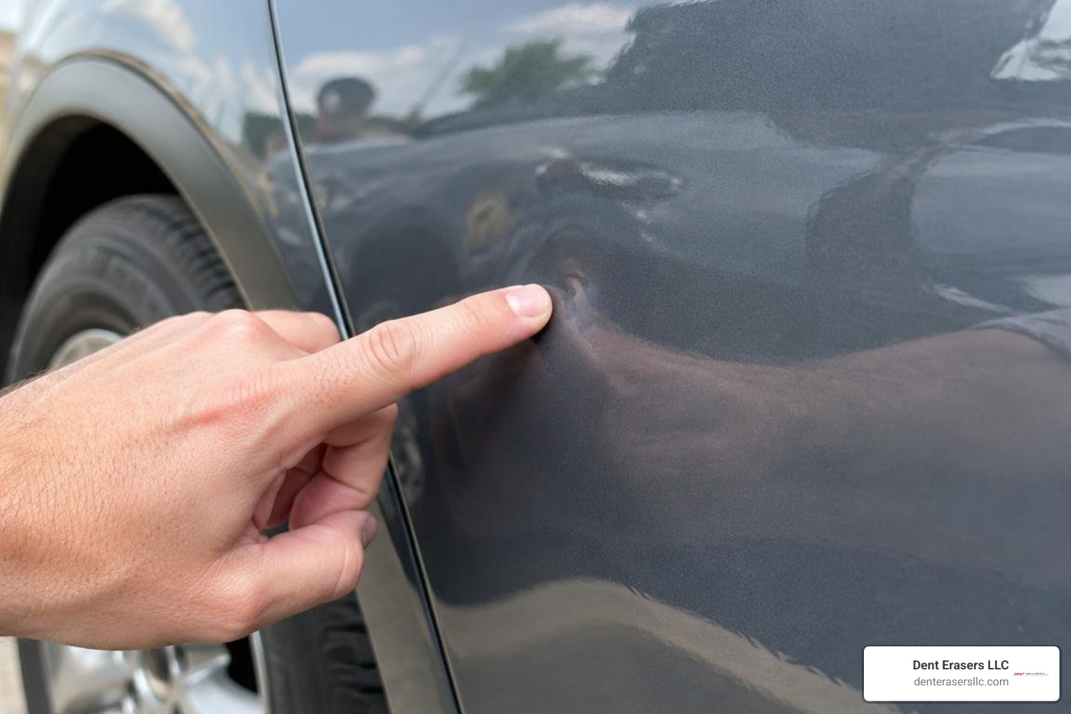 inspecting dent depth and paint integrity on car panel Inspecting Dent Depth And Paint Integrity On Car Panel