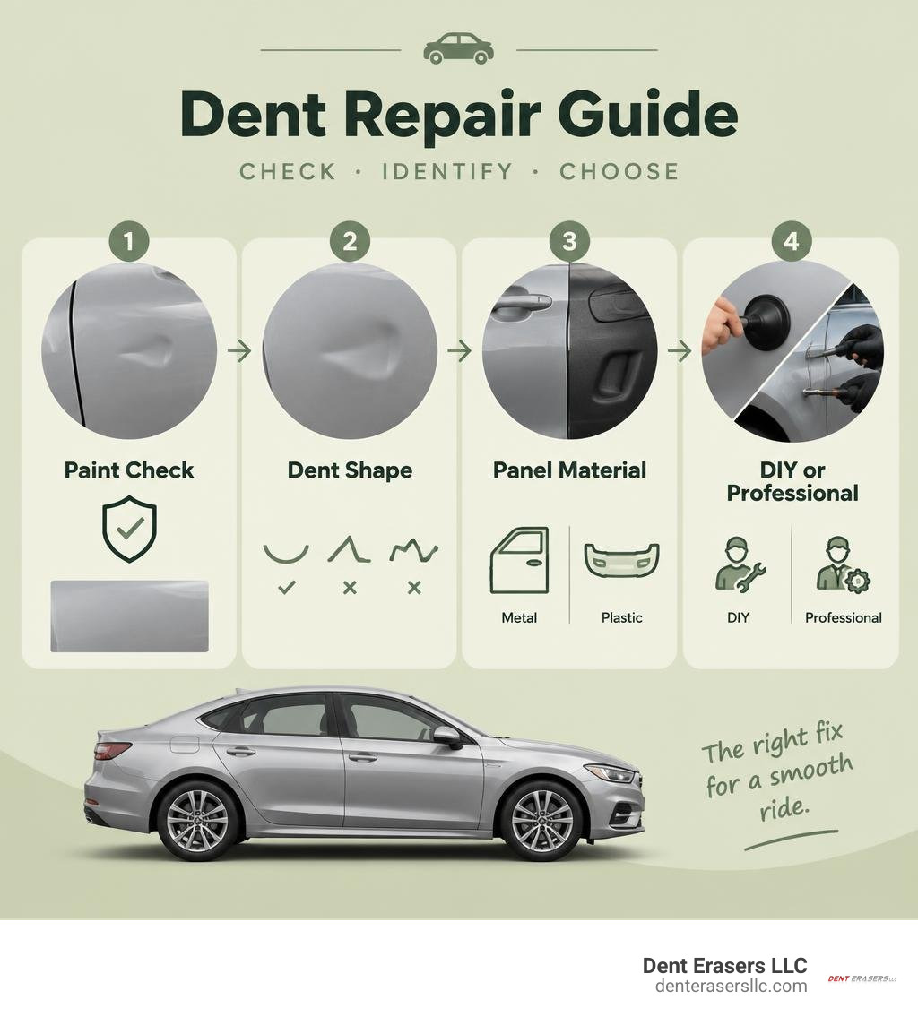 Dent repair guide showing paint check, dent shape, panel material, and DIY or professional choice infographic Dent Repair Guide Showing Paint Check, Dent Shape, Panel Material, And Diy Or Professional Choice Infographic