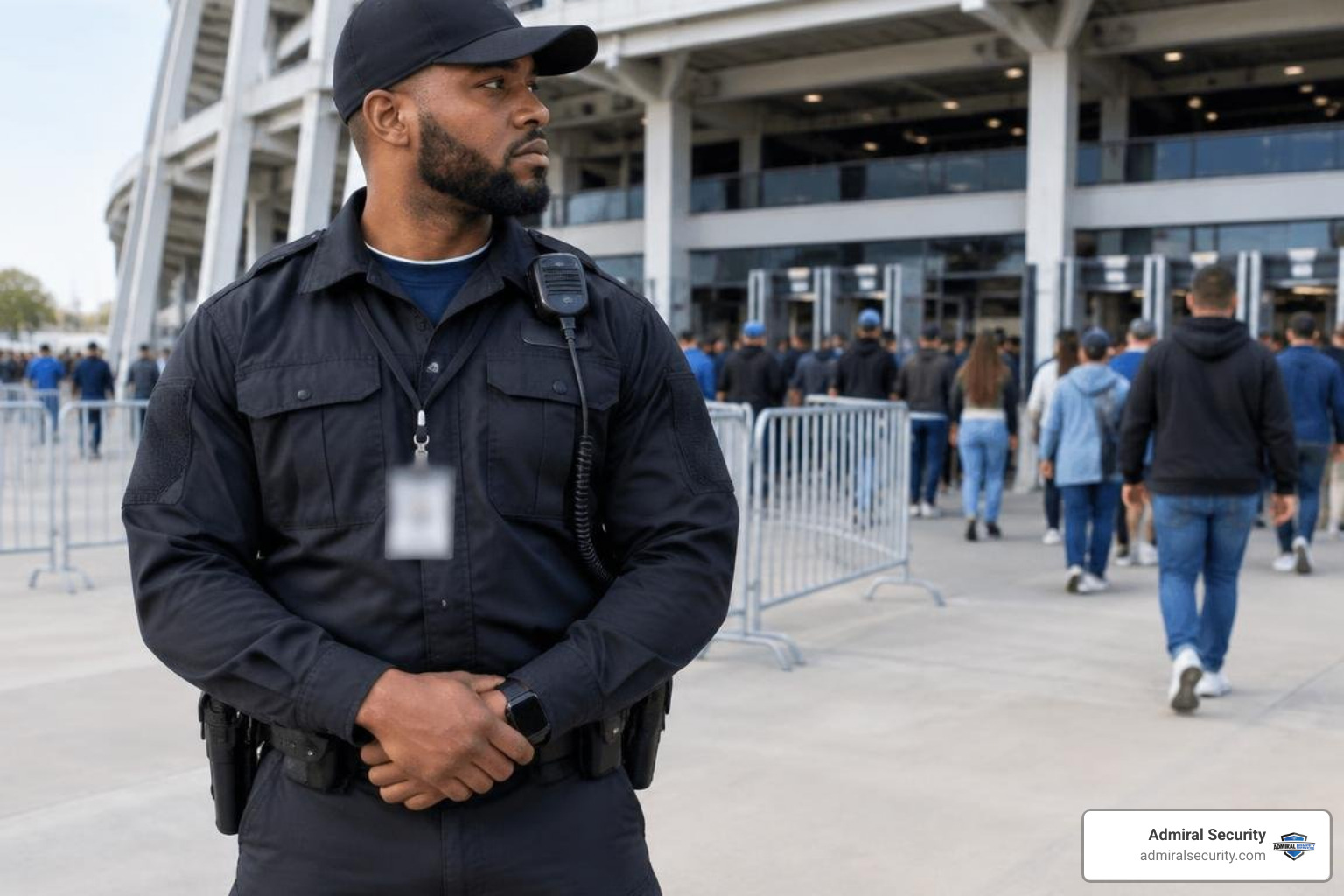 Security guard monitoring stadium entrance with badge blurred