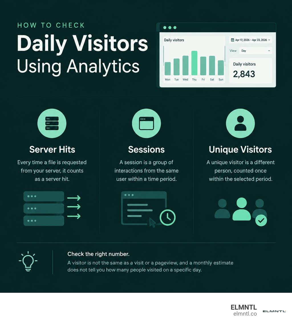 How to check daily visitors using analytics, with server hits, sessions, and unique visitors explained infographic How to check daily visitors using analytics, with server hits, sessions, and unique visitors explained infographic