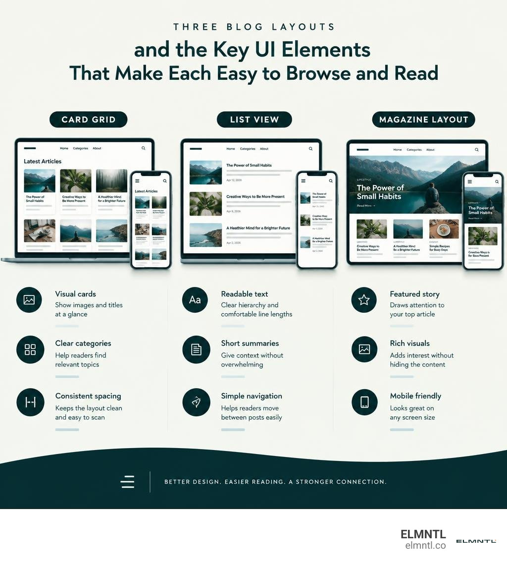 Three blog layouts and the key UI elements that make each easy to browse and read infographic Three blog layouts and the key UI elements that make each easy to browse and read infographic