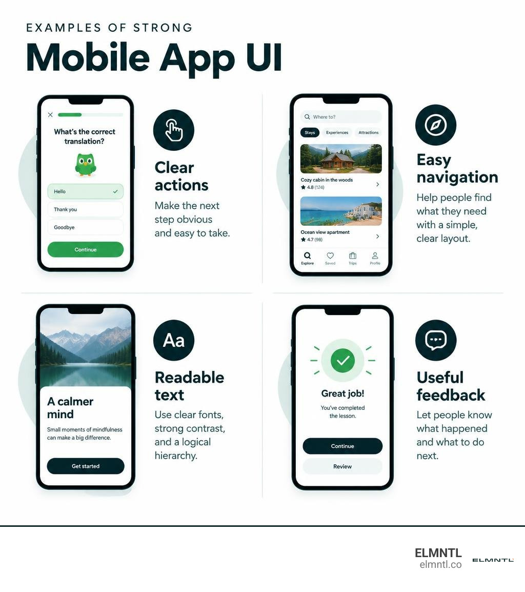Examples of strong mobile app UI: clear actions, easy navigation, readable text, and useful feedback infographic