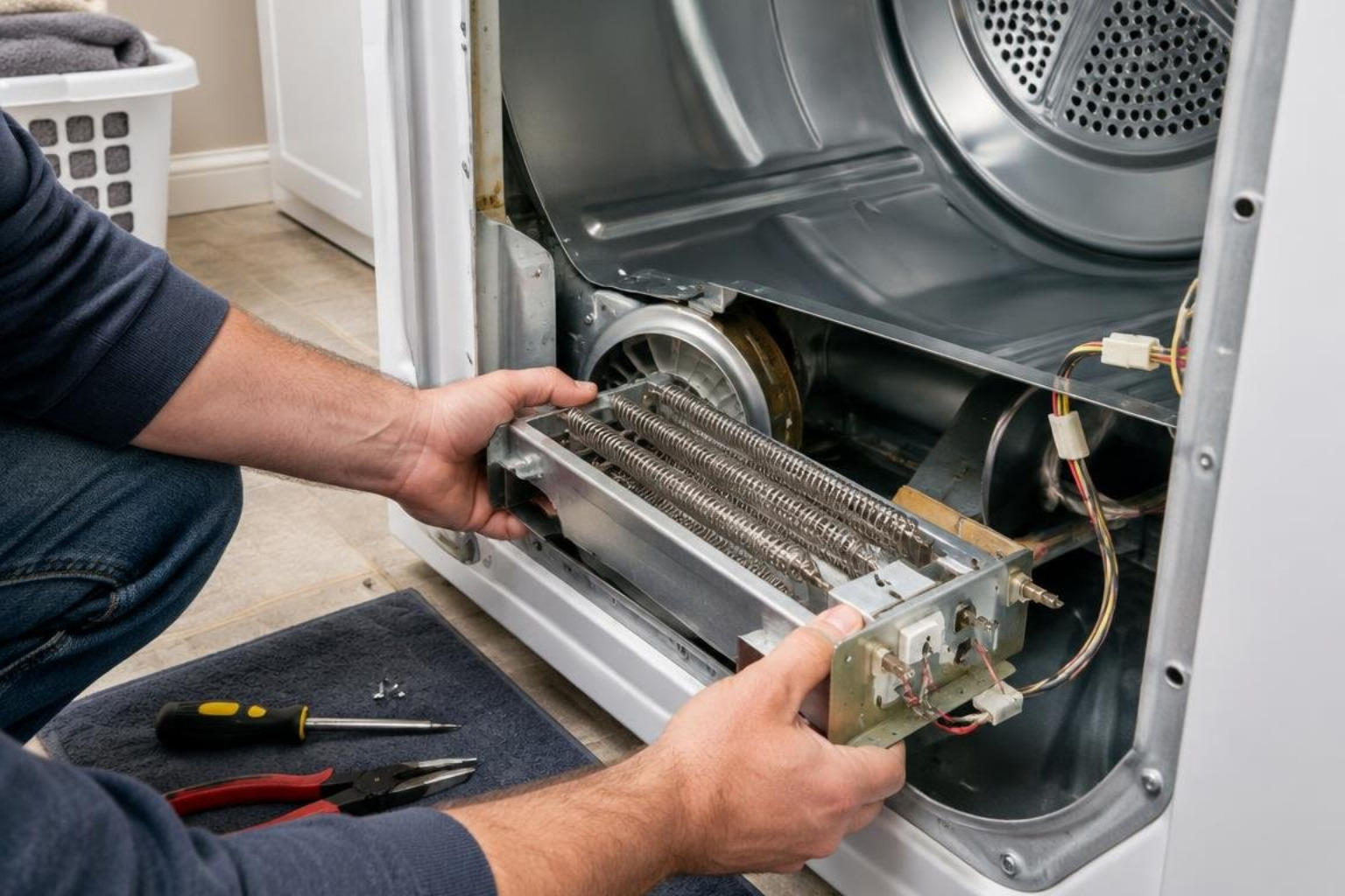 Technician replacing a heating element inside a dryer Technician replacing a heating element inside a dryer