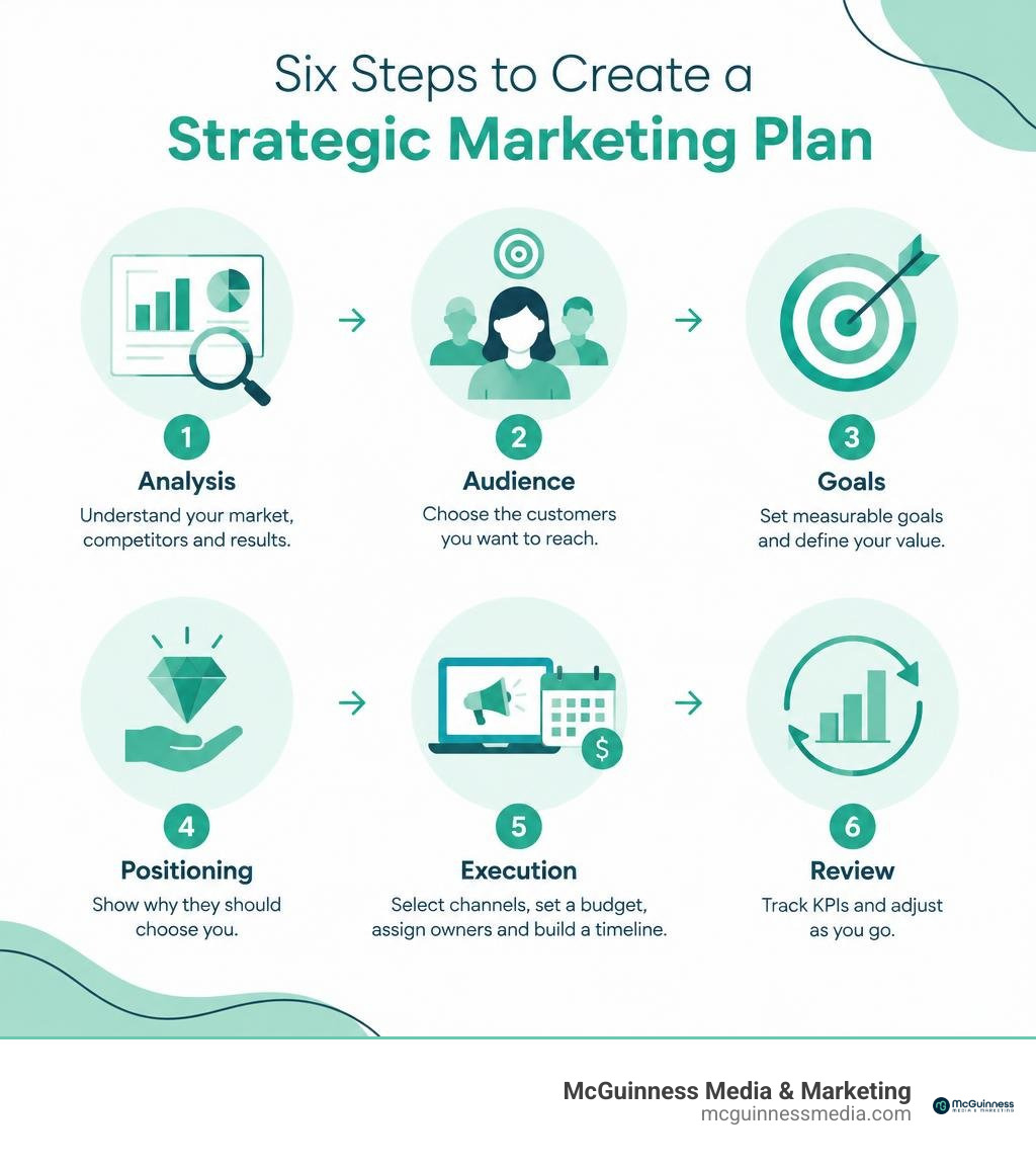 Six steps to create a strategic marketing plan, from analysis and audience to goals, positioning, execution, and review Six steps to create a strategic marketing plan, from analysis and audience to goals, positioning, execution, and review