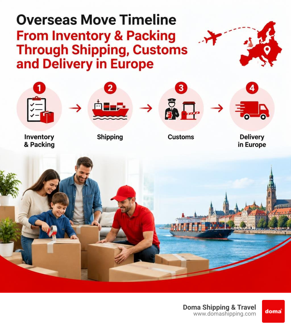 Overseas move timeline from inventory and packing through shipping, customs, and delivery in Europe infographic Overseas move timeline from inventory and packing through shipping, customs, and delivery in Europe infographic