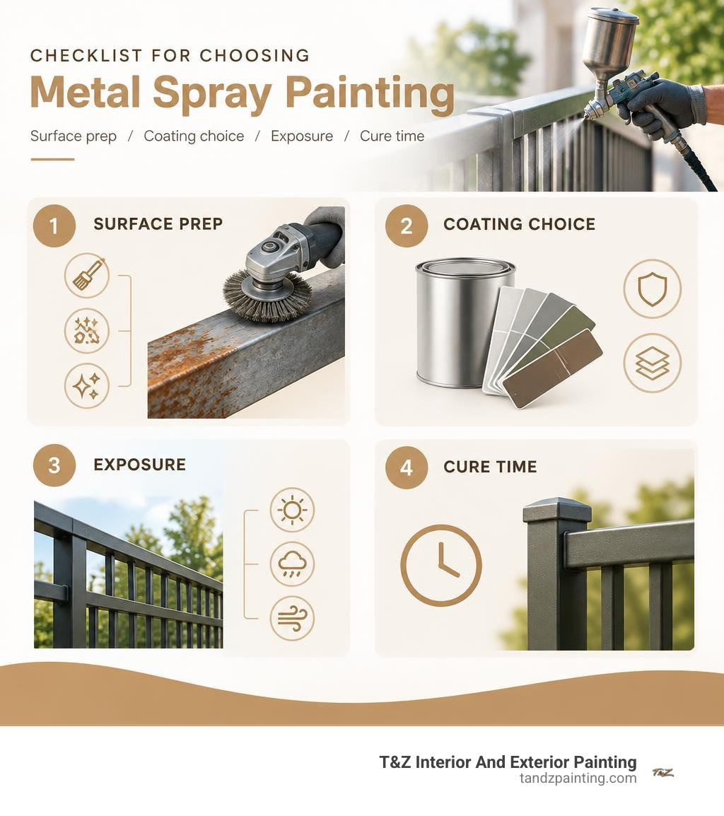 Checklist for choosing metal spray painting: surface prep, coating choice, exposure, and cure time infographic Checklist for choosing metal spray painting: surface prep, coating choice, exposure, and cure time infographic