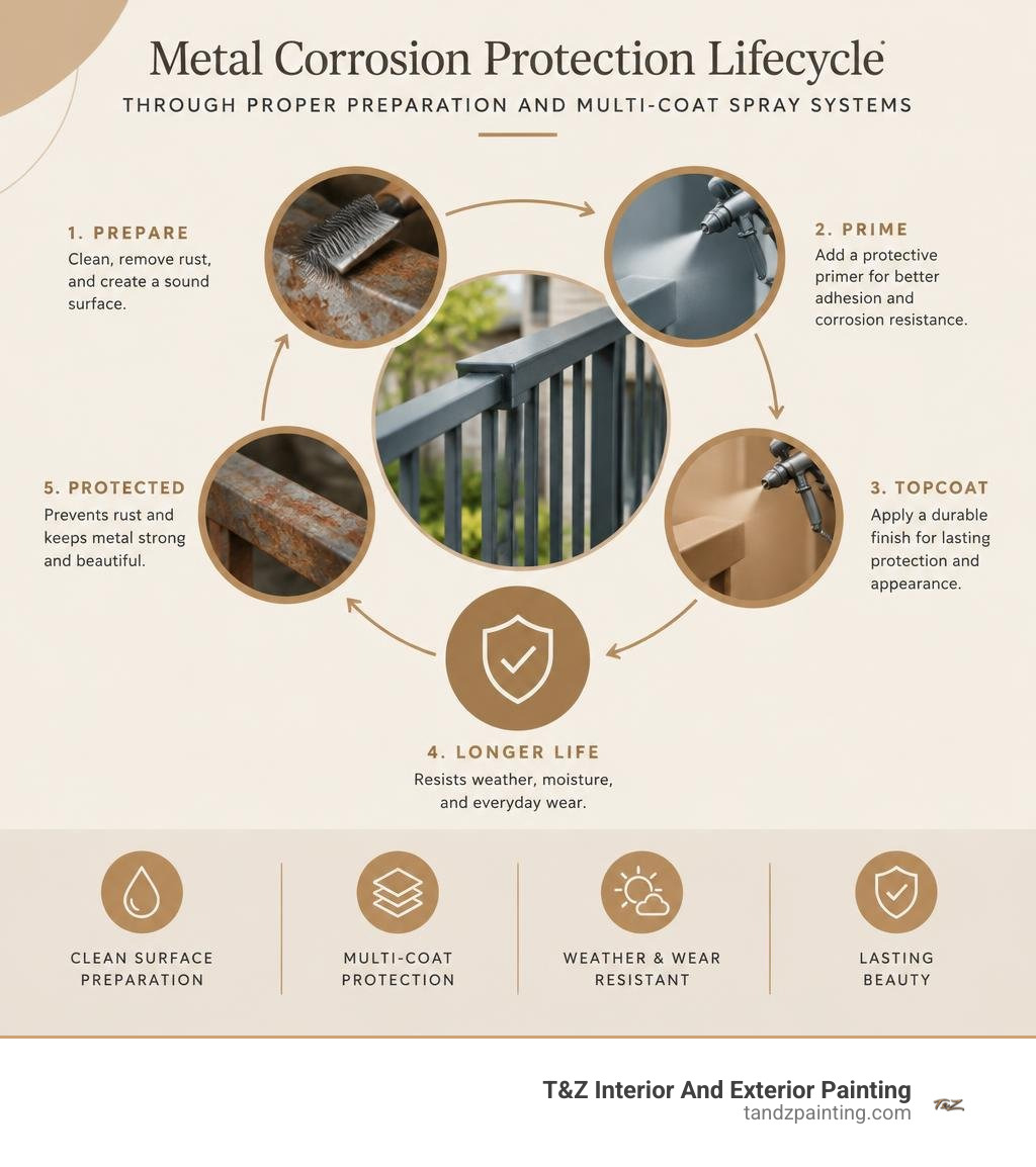 Metal corrosion protection lifecycle through proper preparation and multi-coat spray systems infographic Metal corrosion protection lifecycle through proper preparation and multi-coat spray systems infographic