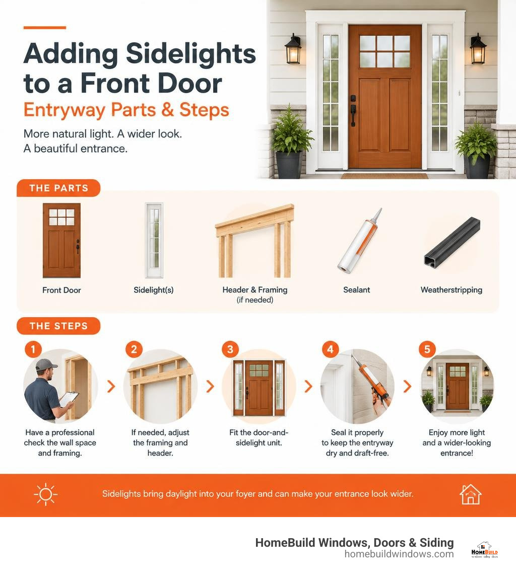 Entryway parts and steps for adding sidelights to an existing front door infographic