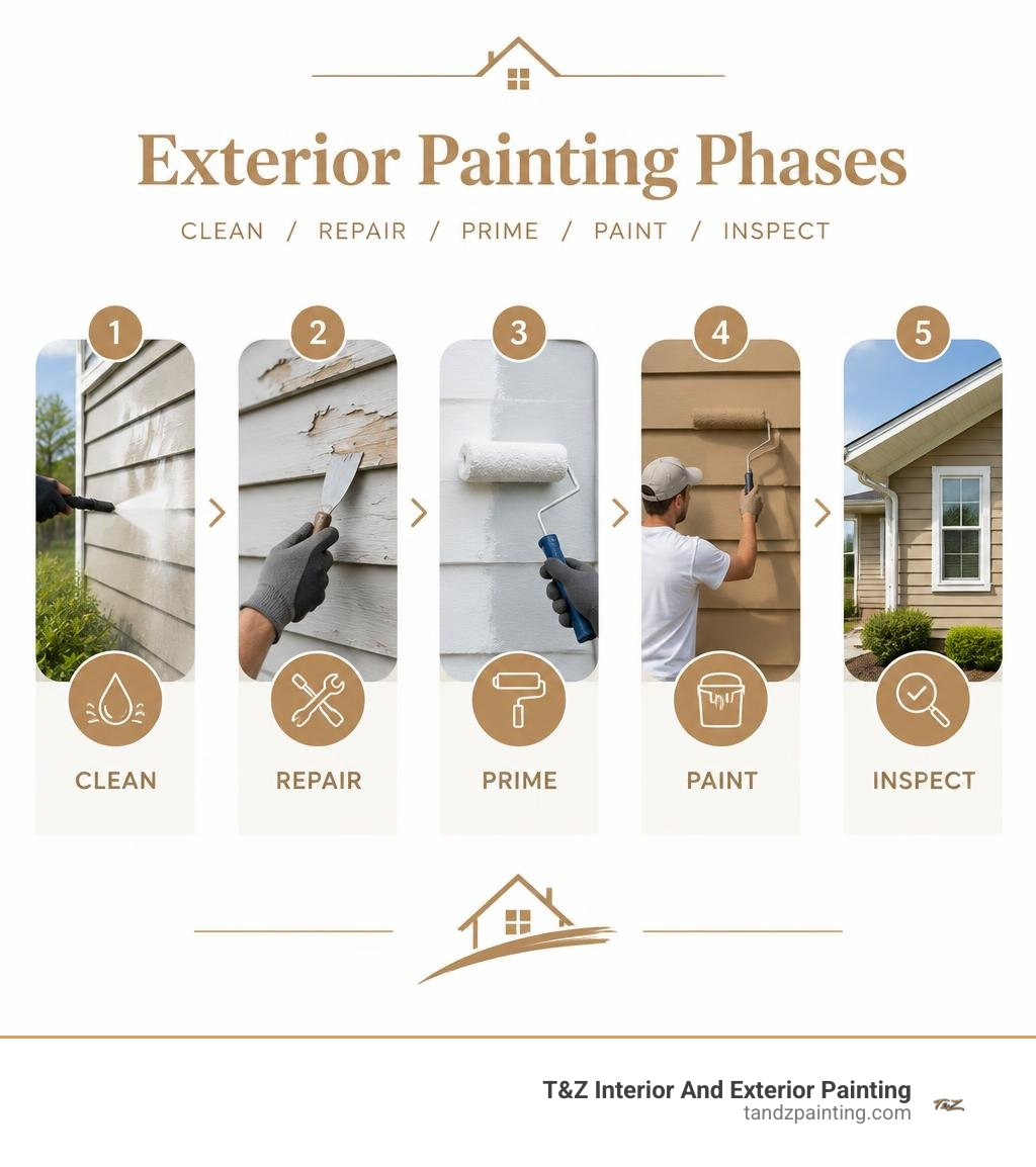 Exterior painting phases: clean, repair, prime, paint, and inspect infographic Exterior painting phases: clean, repair, prime, paint, and inspect infographic